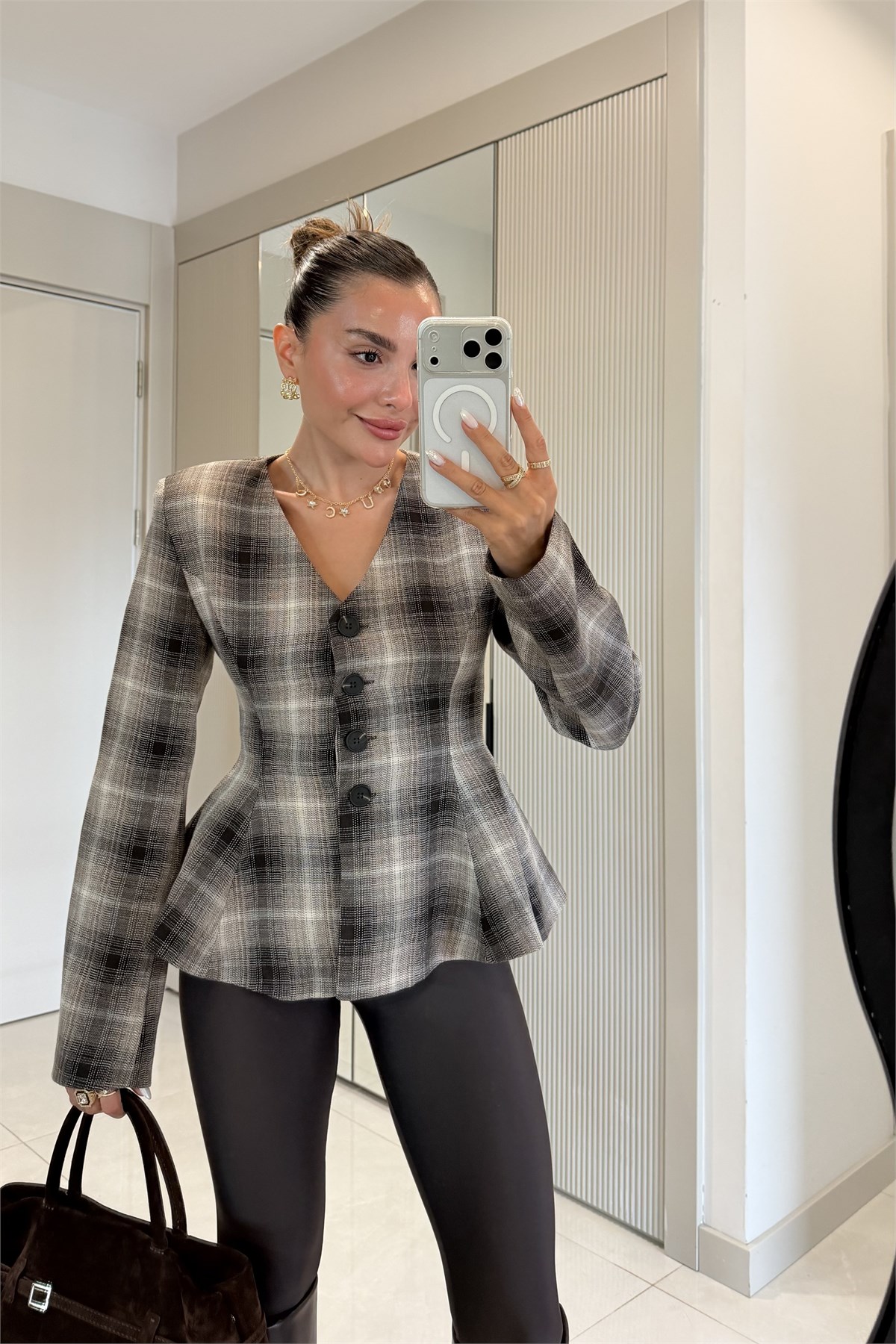 Coralia Kahve Ekose Bele Oturan Blazer Ceket
