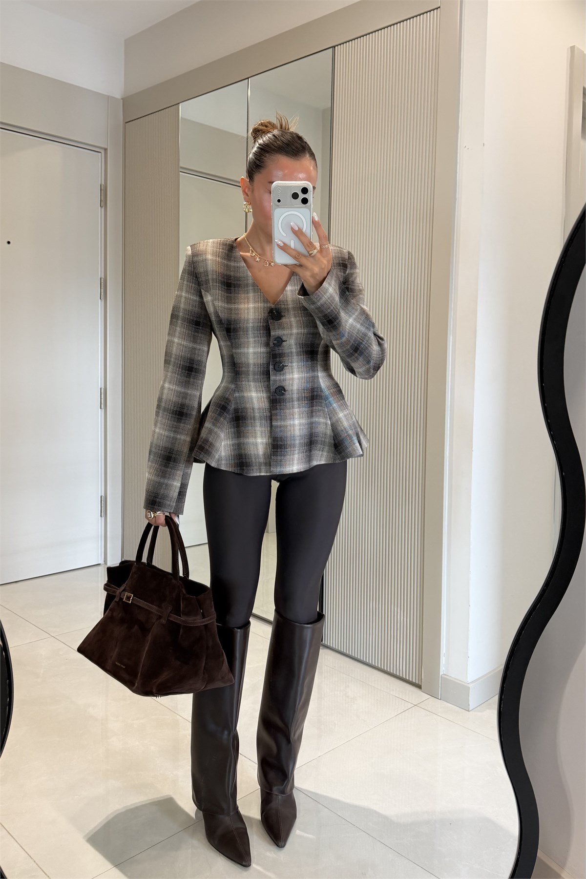 Coralia Kahve Ekose Bele Oturan Blazer Ceket