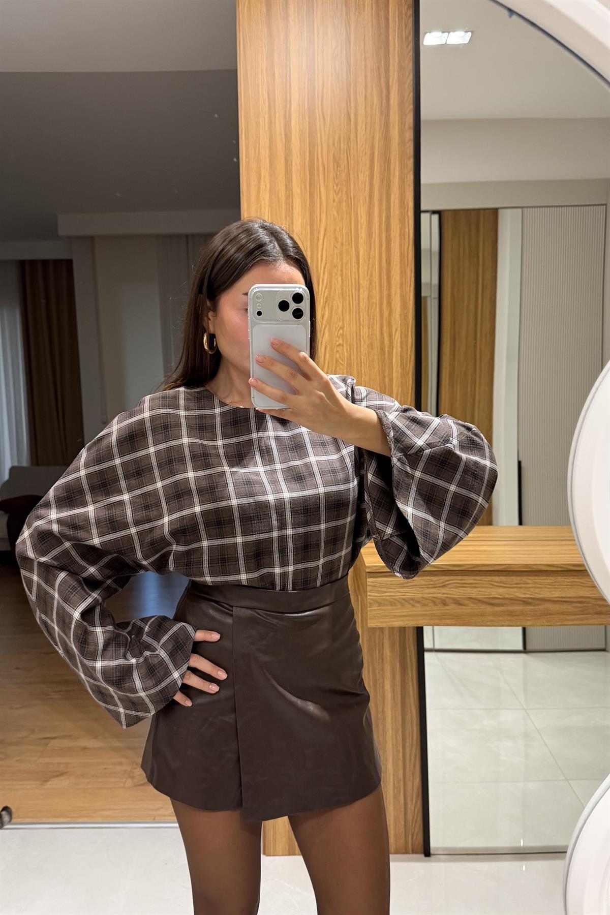 Coren Kahve Ekose Bluz