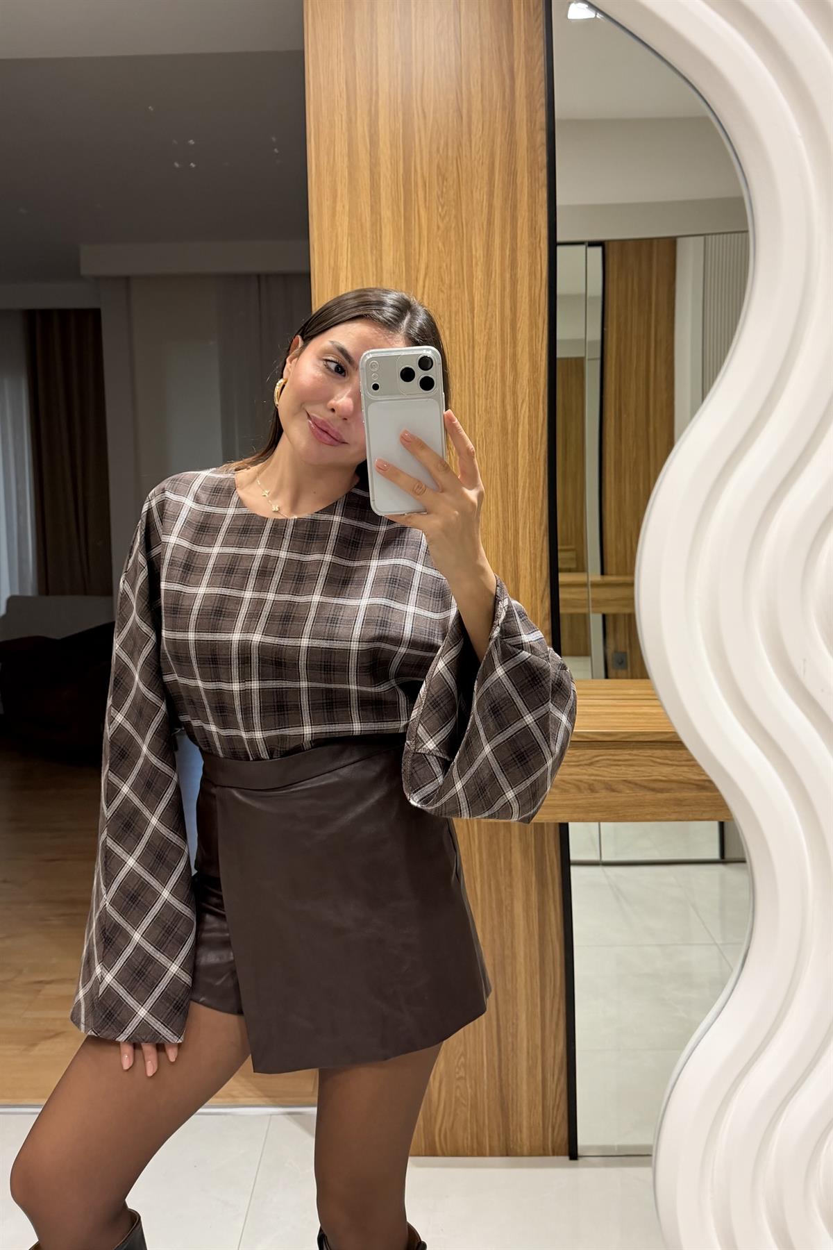 Coren Kahve Ekose Bluz