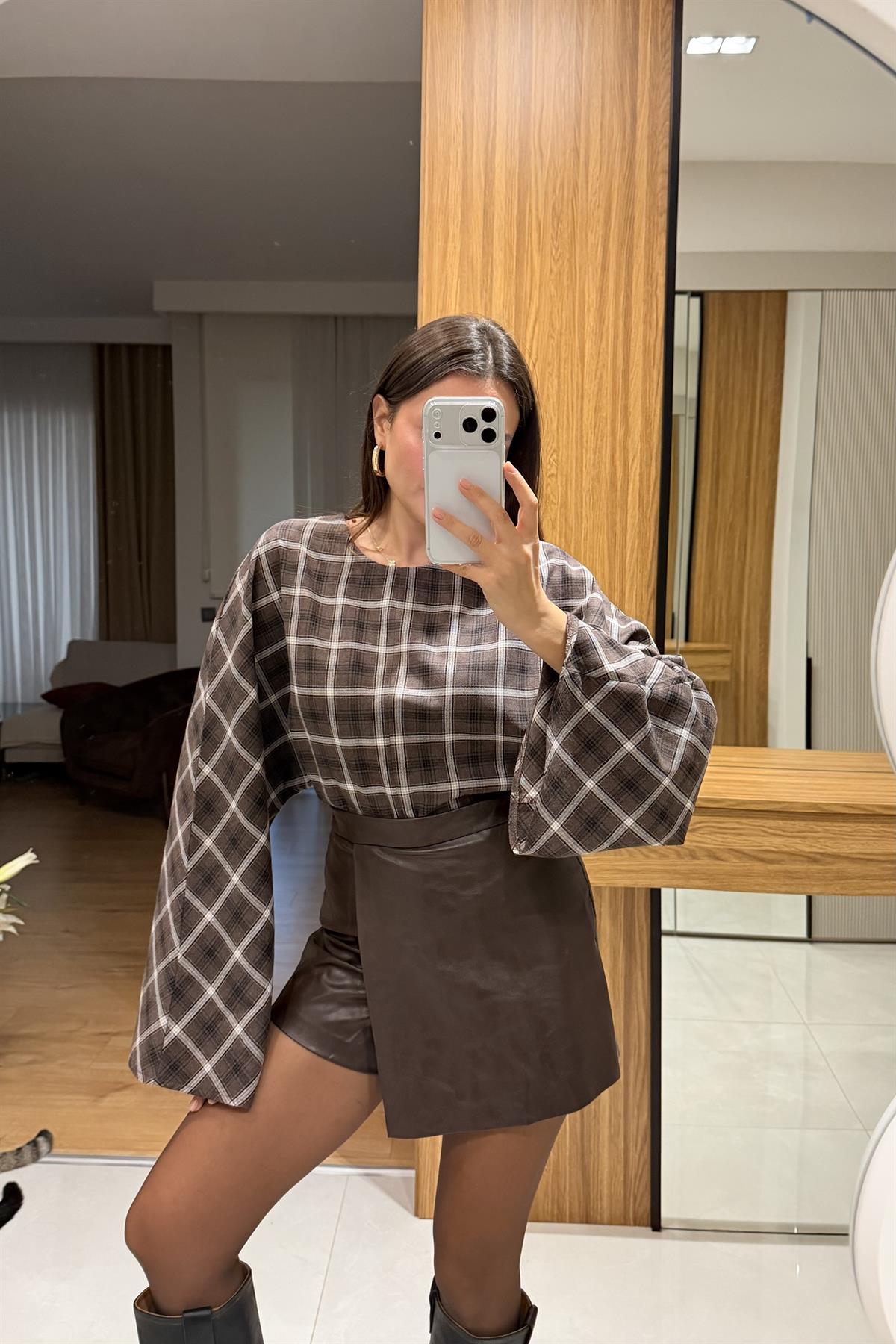 Coren Kahve Ekose Bluz