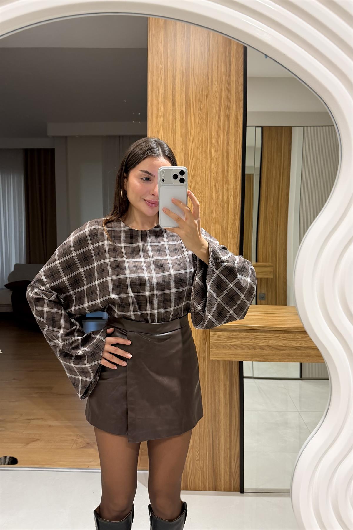 Coren Kahve Ekose Bluz