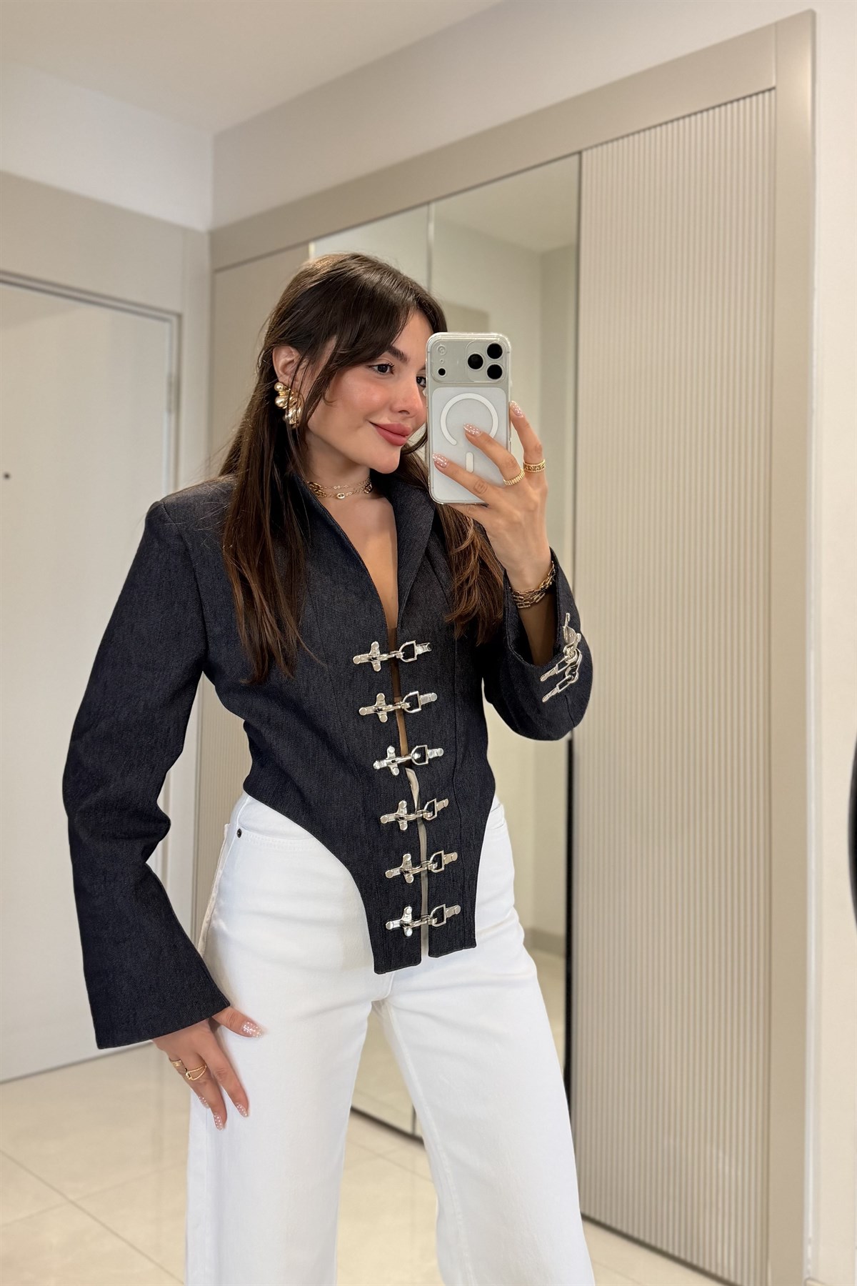 Cornie Denim Gümüş Aksesuarlı Ceket