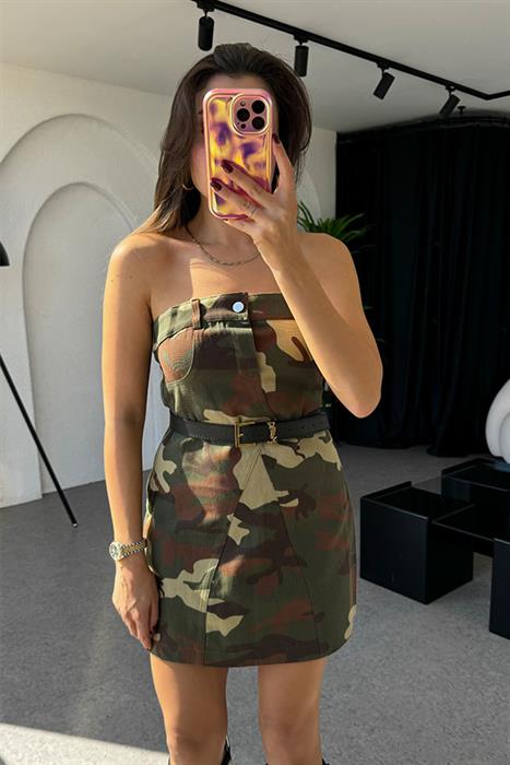 Correa Kamuflaj Desen Straplez Elbise