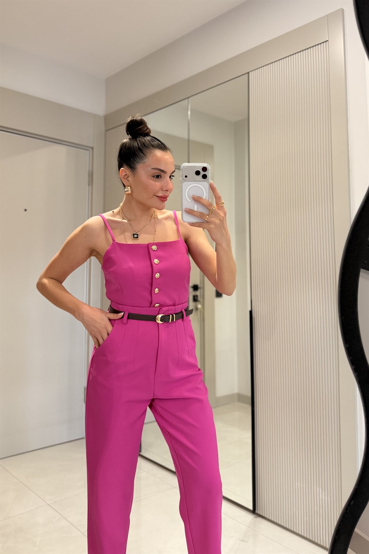 Cortex Fuşya Kemerli Crop Pantolon Takım