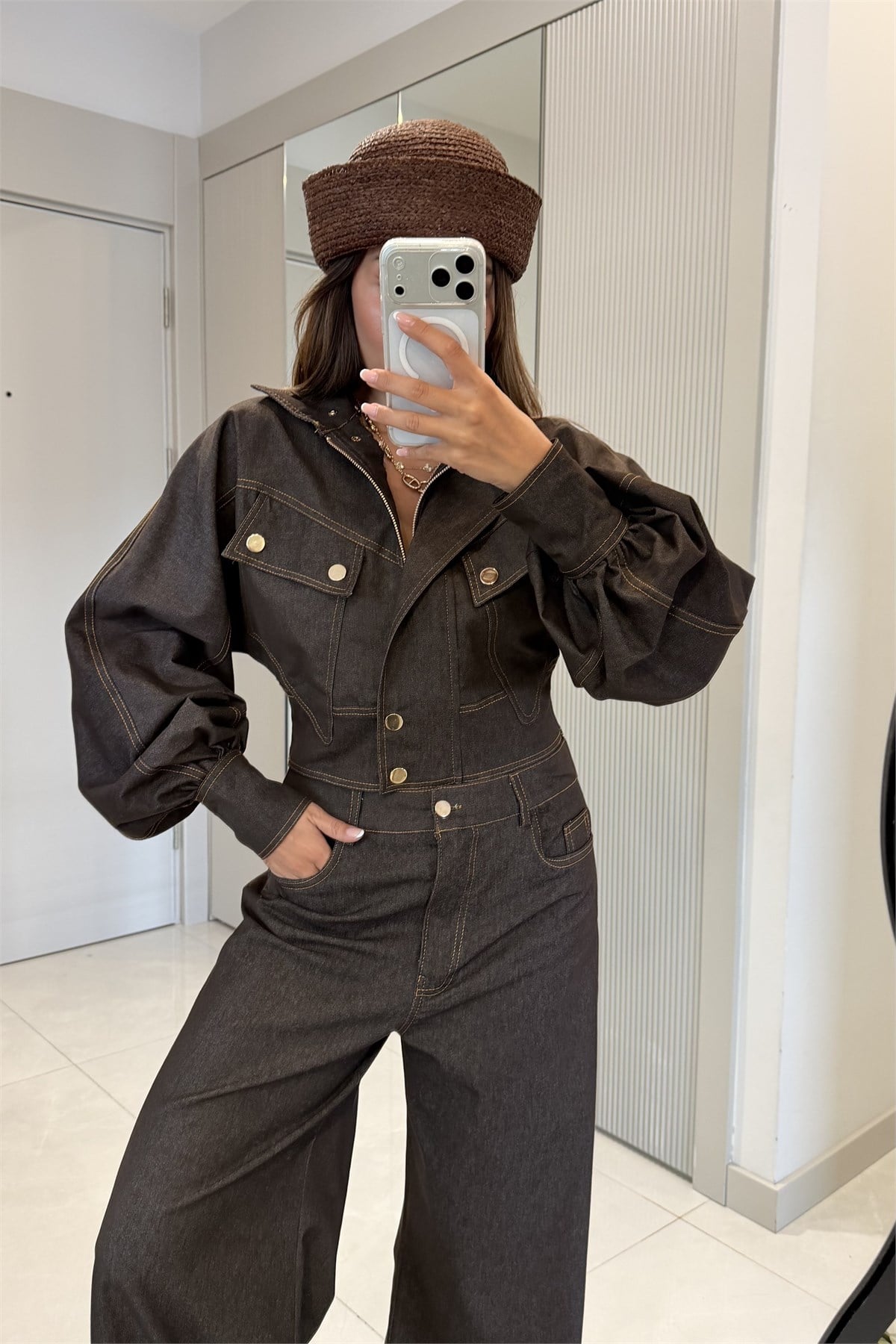 Corvina Kahve Balon Kol Premium Denim Takım