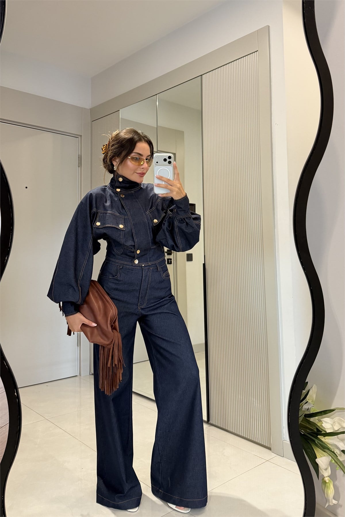 Corvina Lacivert Balon Kol Premium Denim Takım