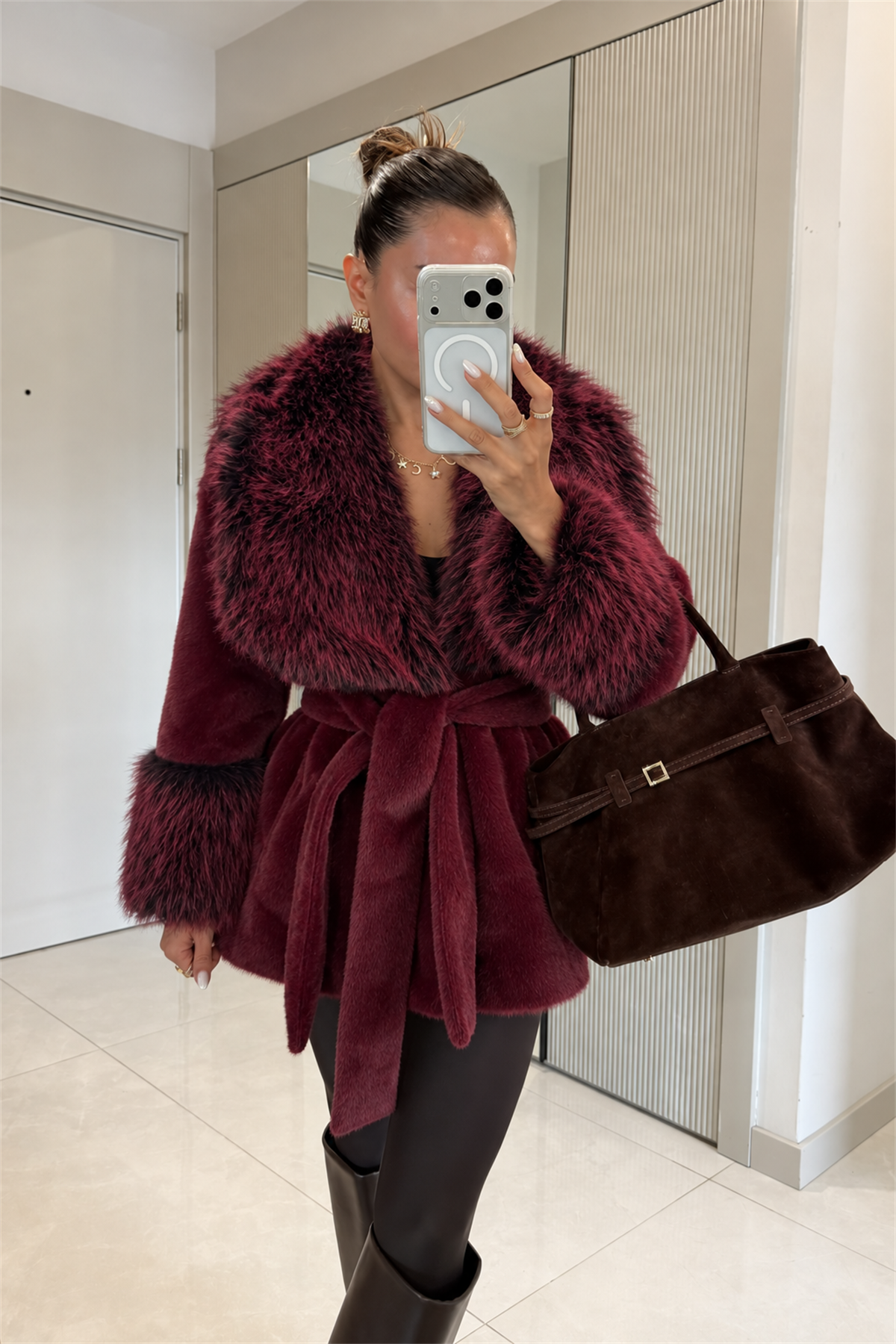 Cower Bordo Kuşaklı Premium Kürk