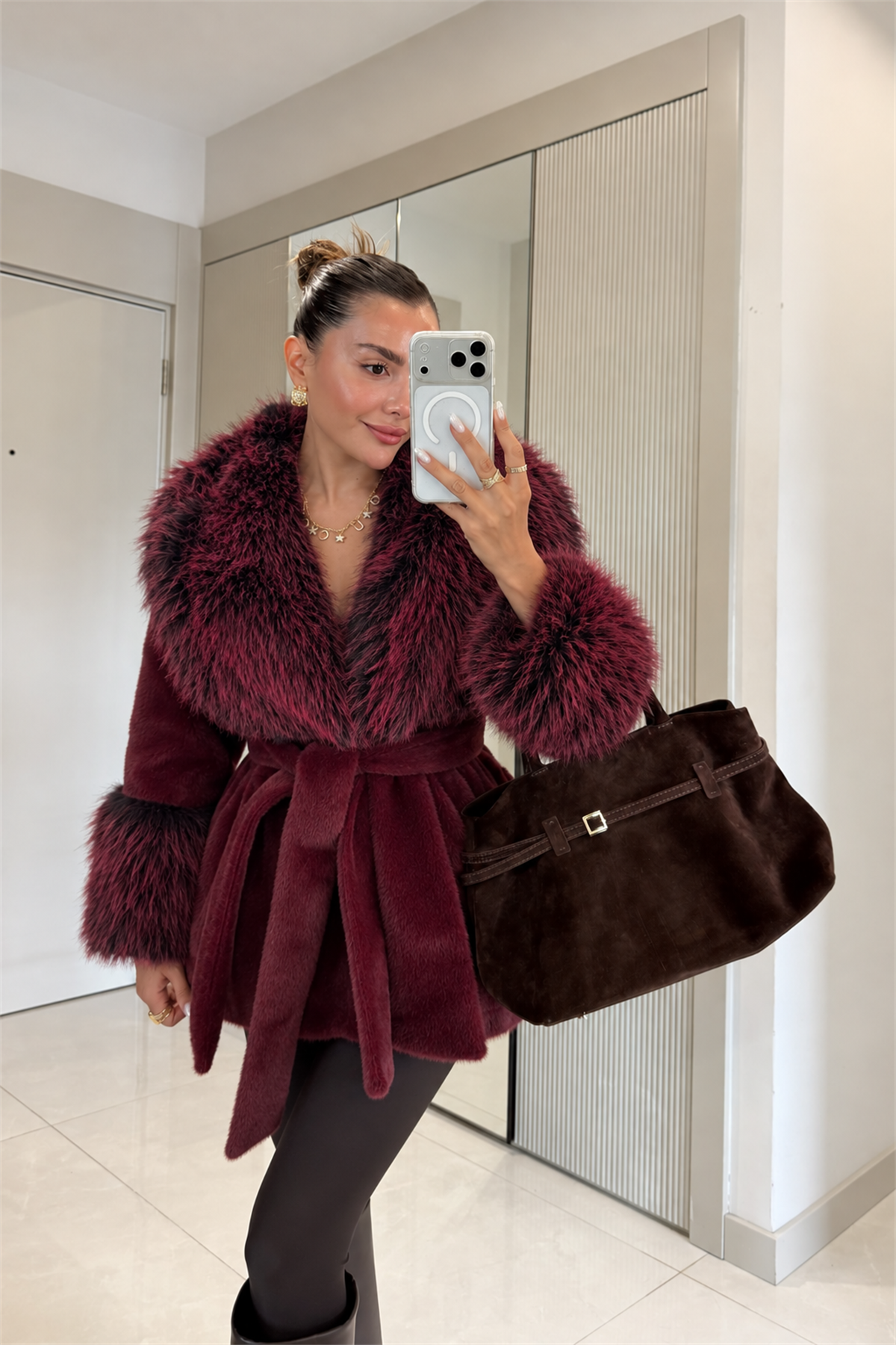 Cower Bordo Kuşaklı Premium Kürk