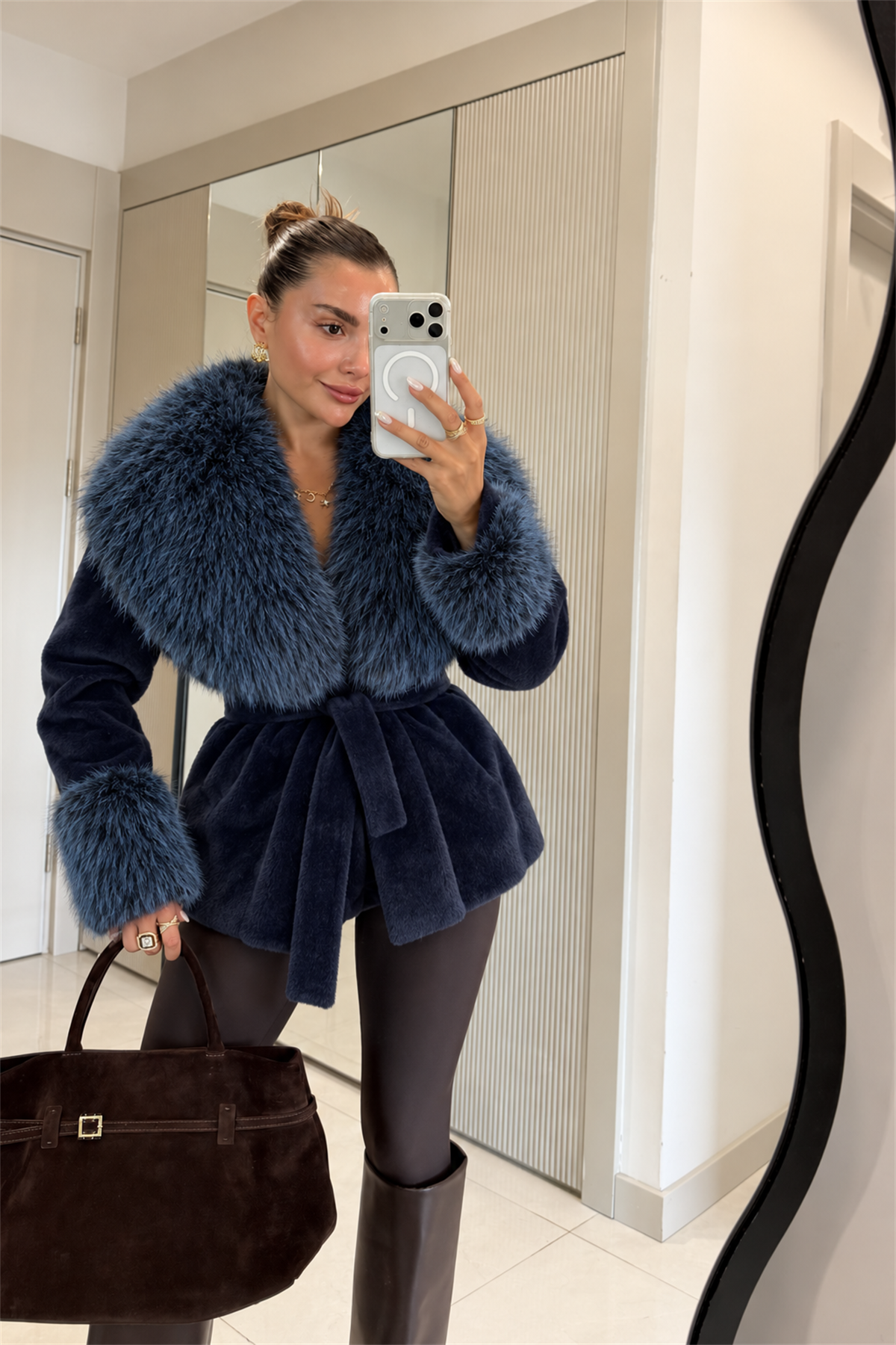 Cower Lacivert Kuşaklı Premium Kürk