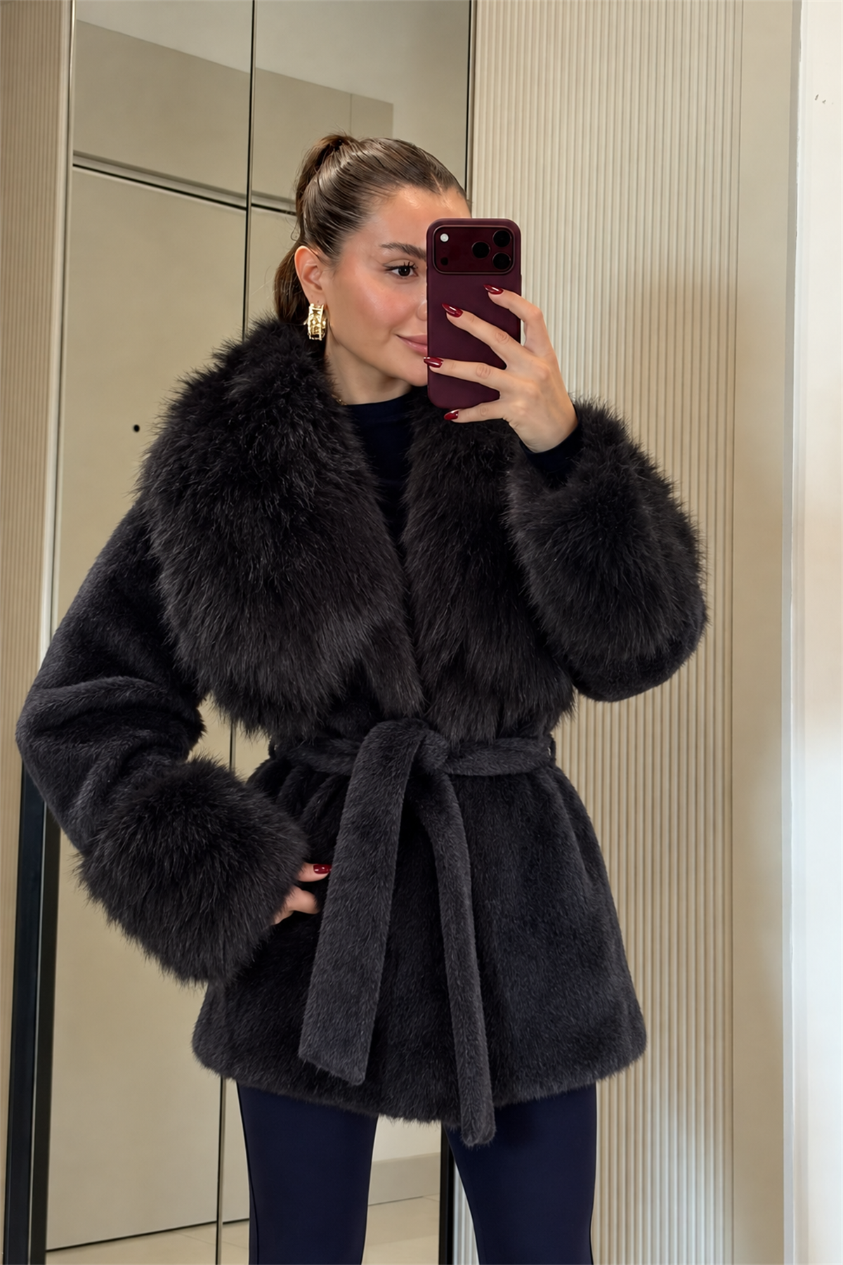 Cower Siyah Kuşaklı Premium Kürk