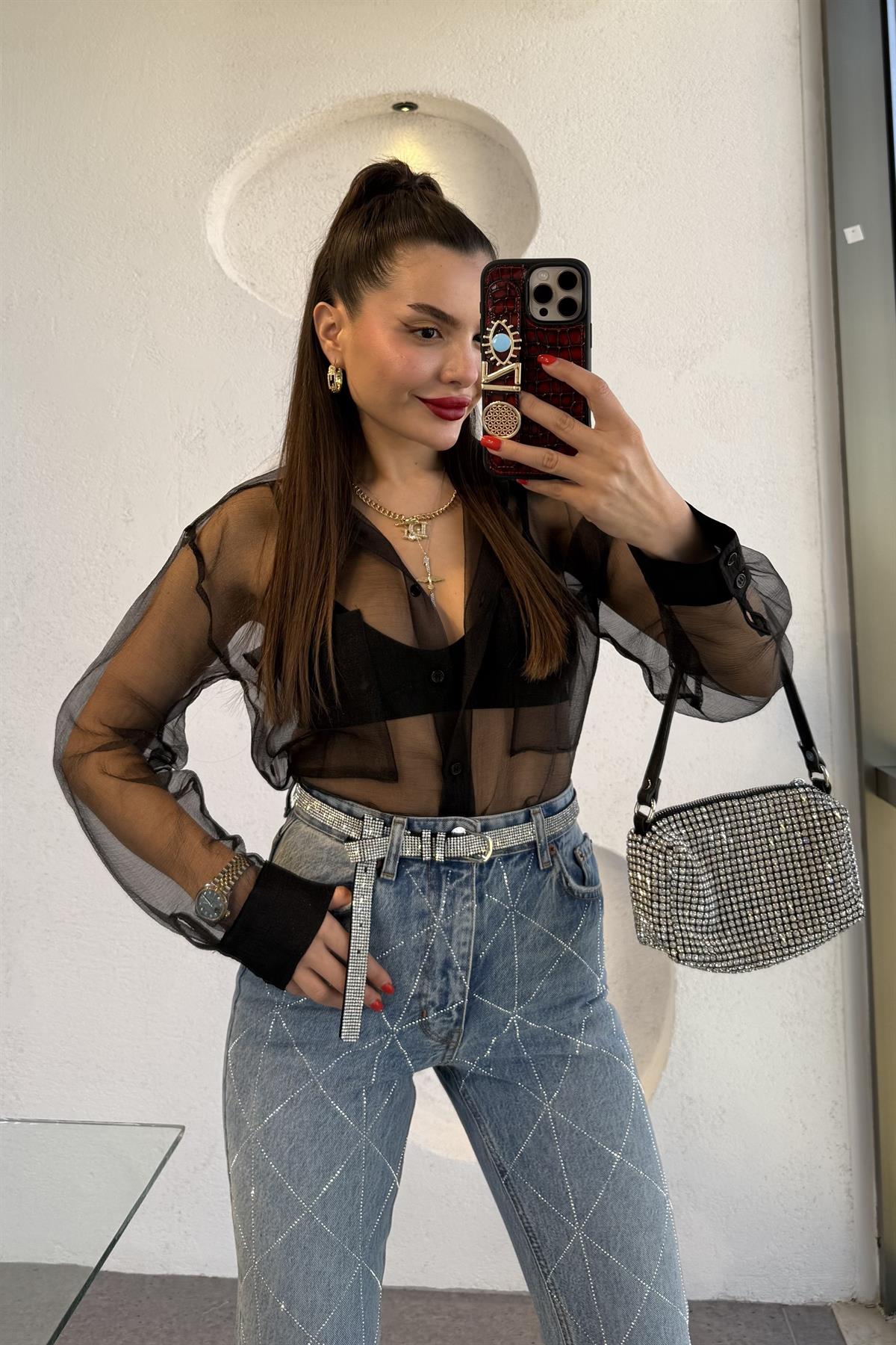 Creative Yazı Baskı Detaylı Organze Cepli Gömlek 