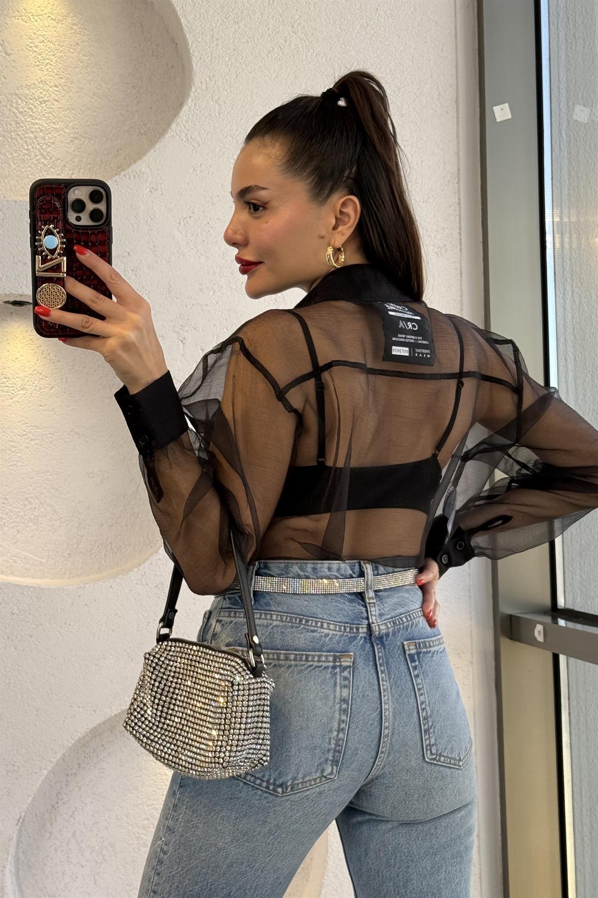 Creative Yazı Baskı Detaylı Organze Cepli Gömlek 