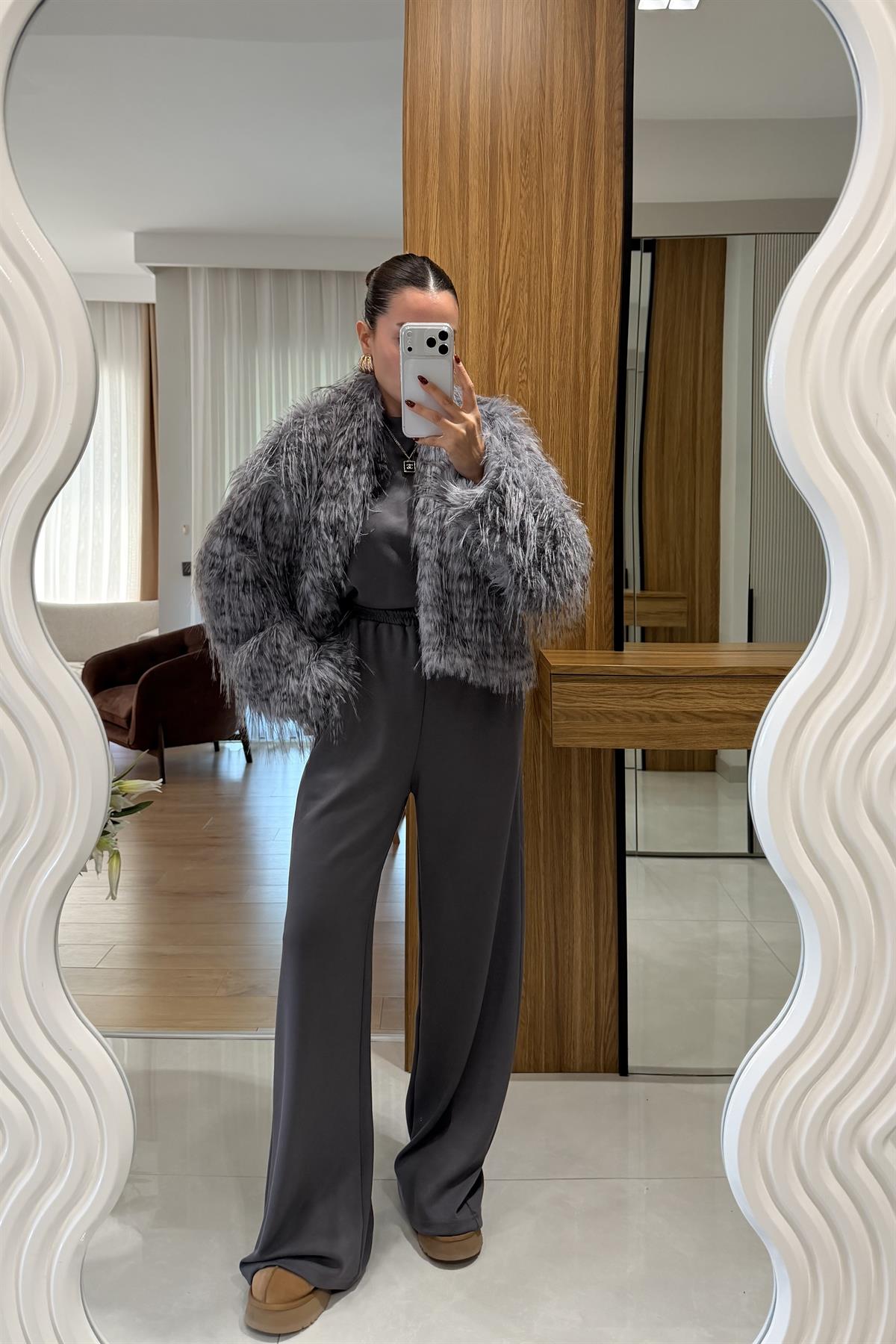 Cristal Gri Saçaklı Premium Kürk