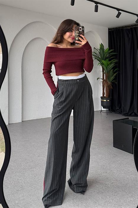 Crochet Gri Çizgili Pantolon