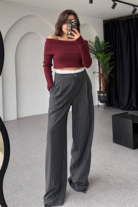 Crochet Gri Çizgili Pantolon