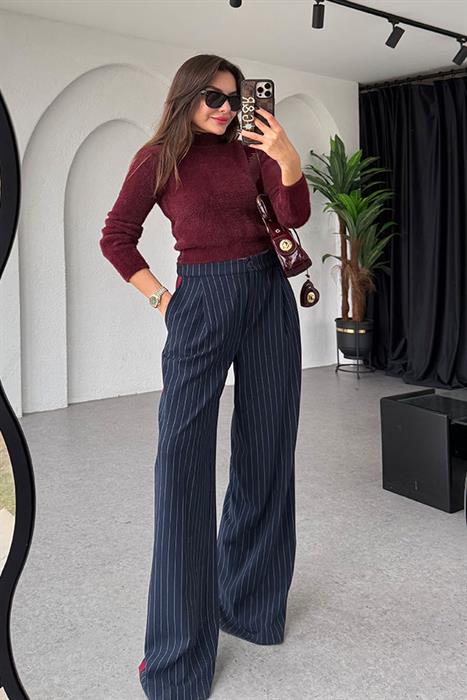 Crochet Lacivert Çizgili Pantolon