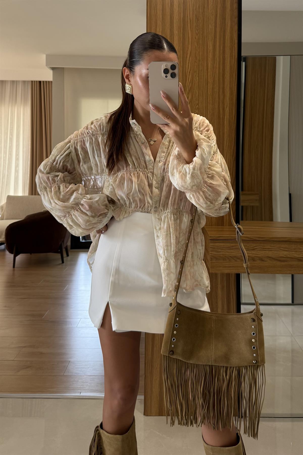 Crocus Ekru Desenli Şifon Gömlek