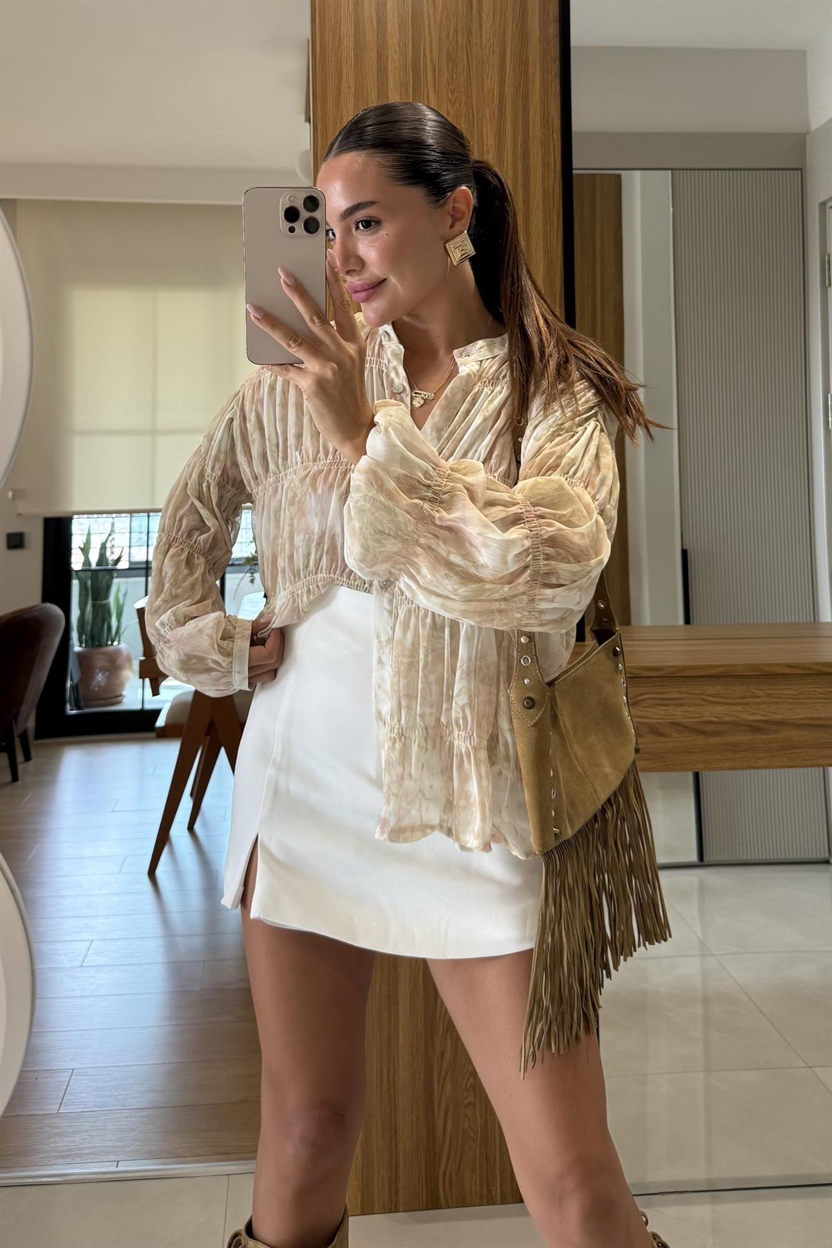 Crocus Ekru Desenli Şifon Gömlek