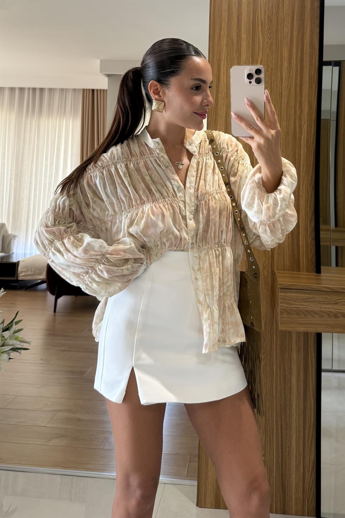 Crocus Ekru Desenli Şifon Gömlek