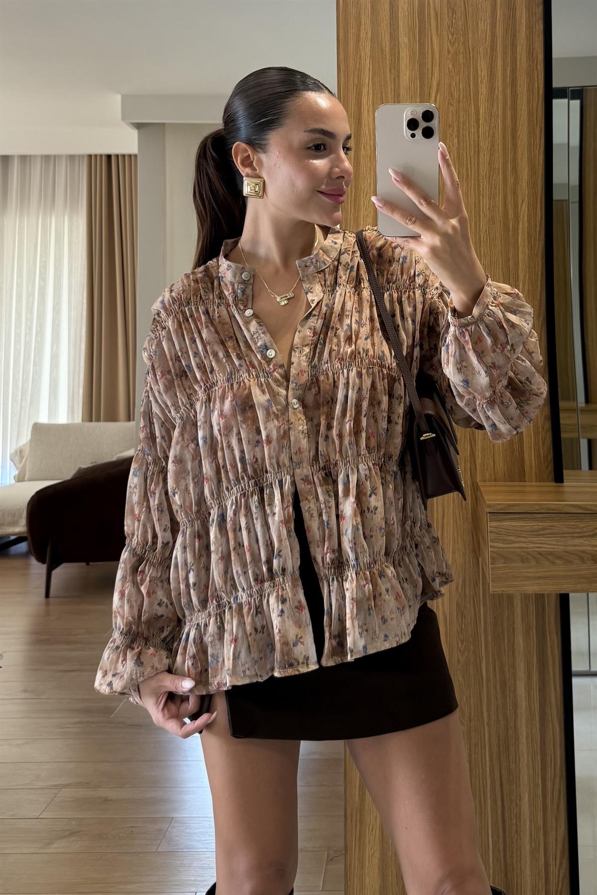 Crocus Çiçek Desenli Şifon Gömlek