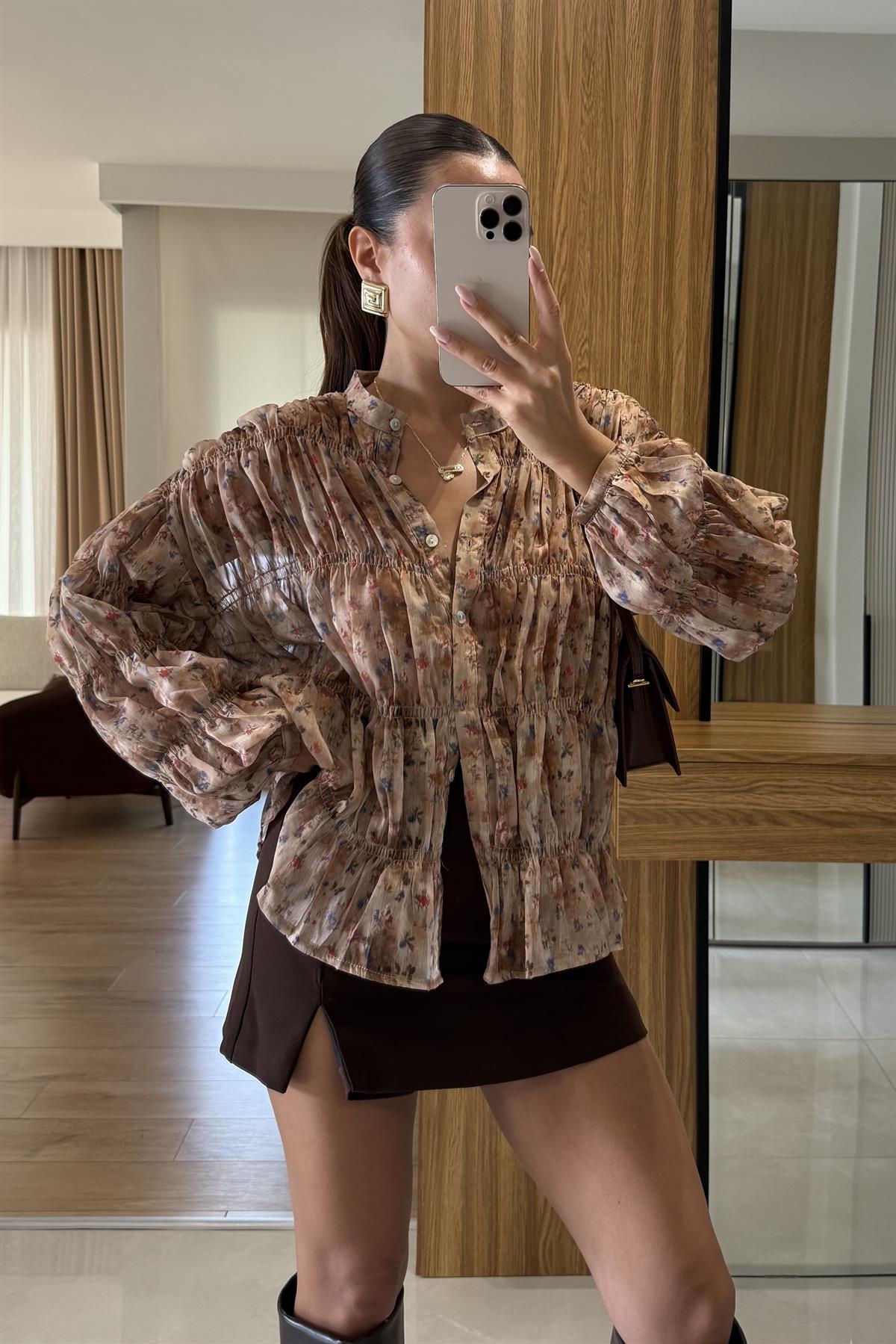 Crocus Çiçek Desenli Şifon Gömlek