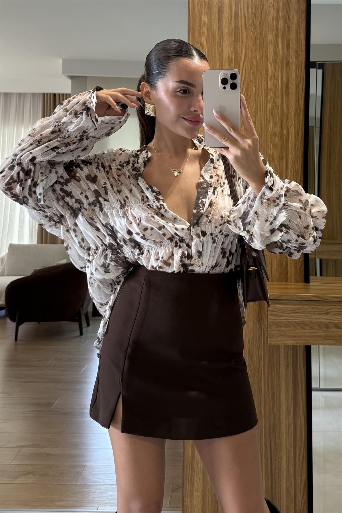 Crocus Leopar Desenli Şifon Gömlek