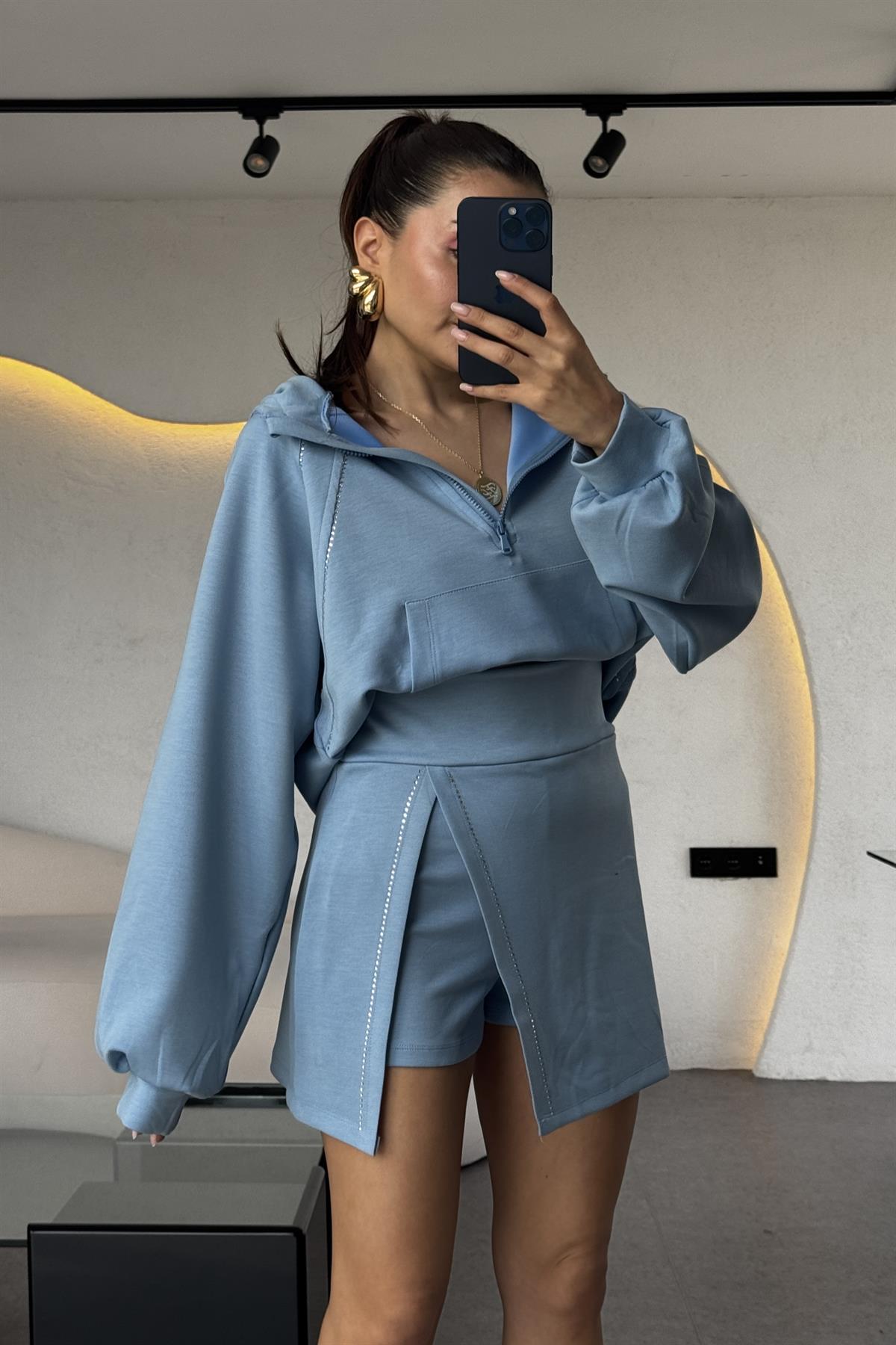 Cruz Mavi Taşlı Şortlu İkili Takım