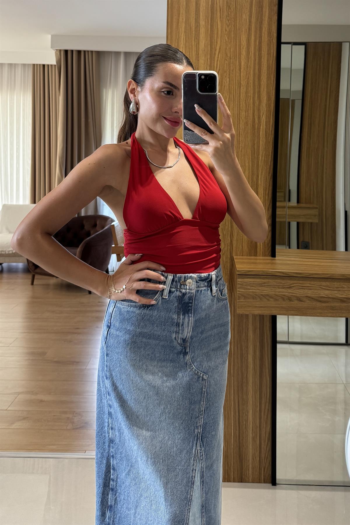 Daily Kırmızı Bağlamalı Halter Yaka Body