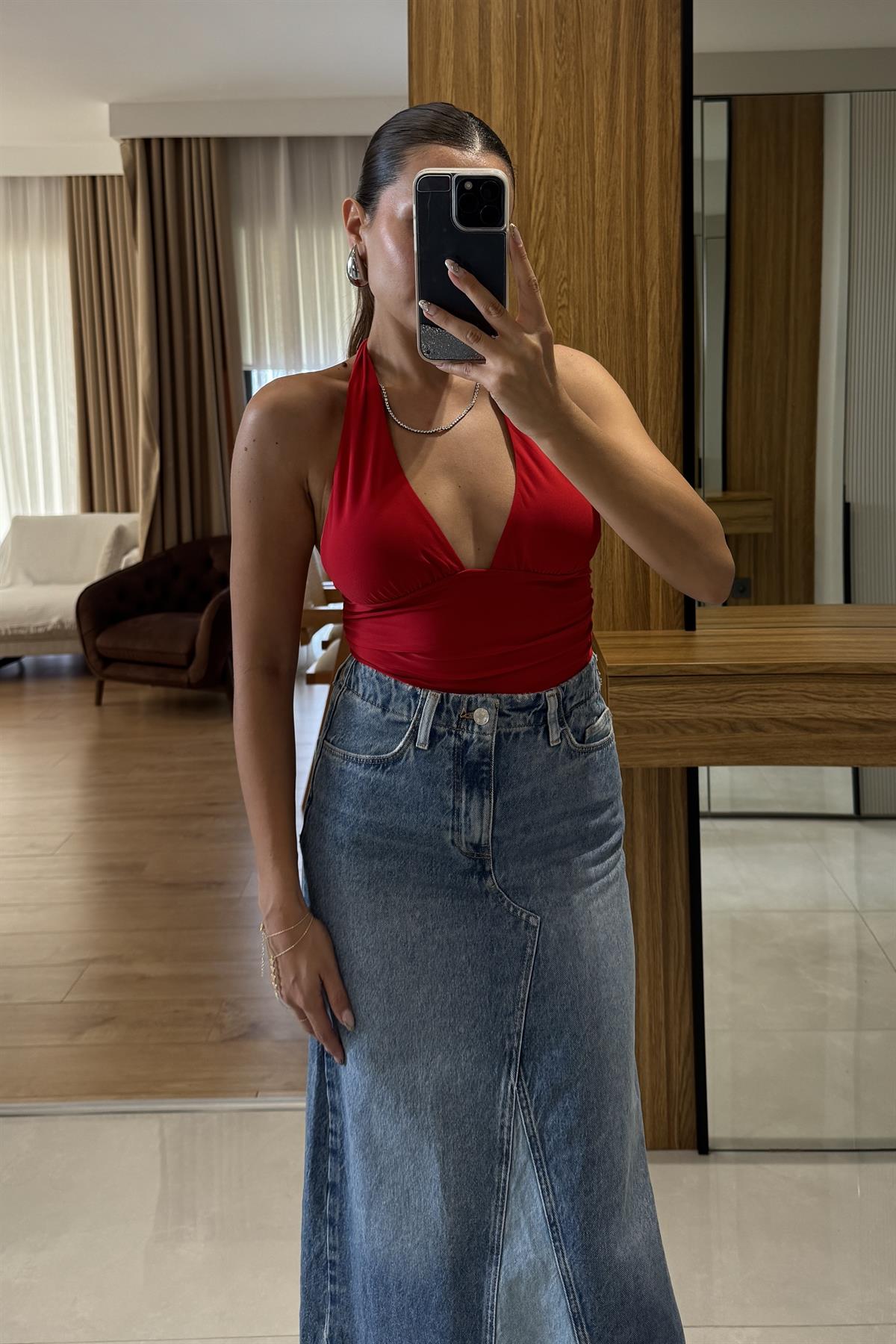 Daily Kırmızı Bağlamalı Halter Yaka Body