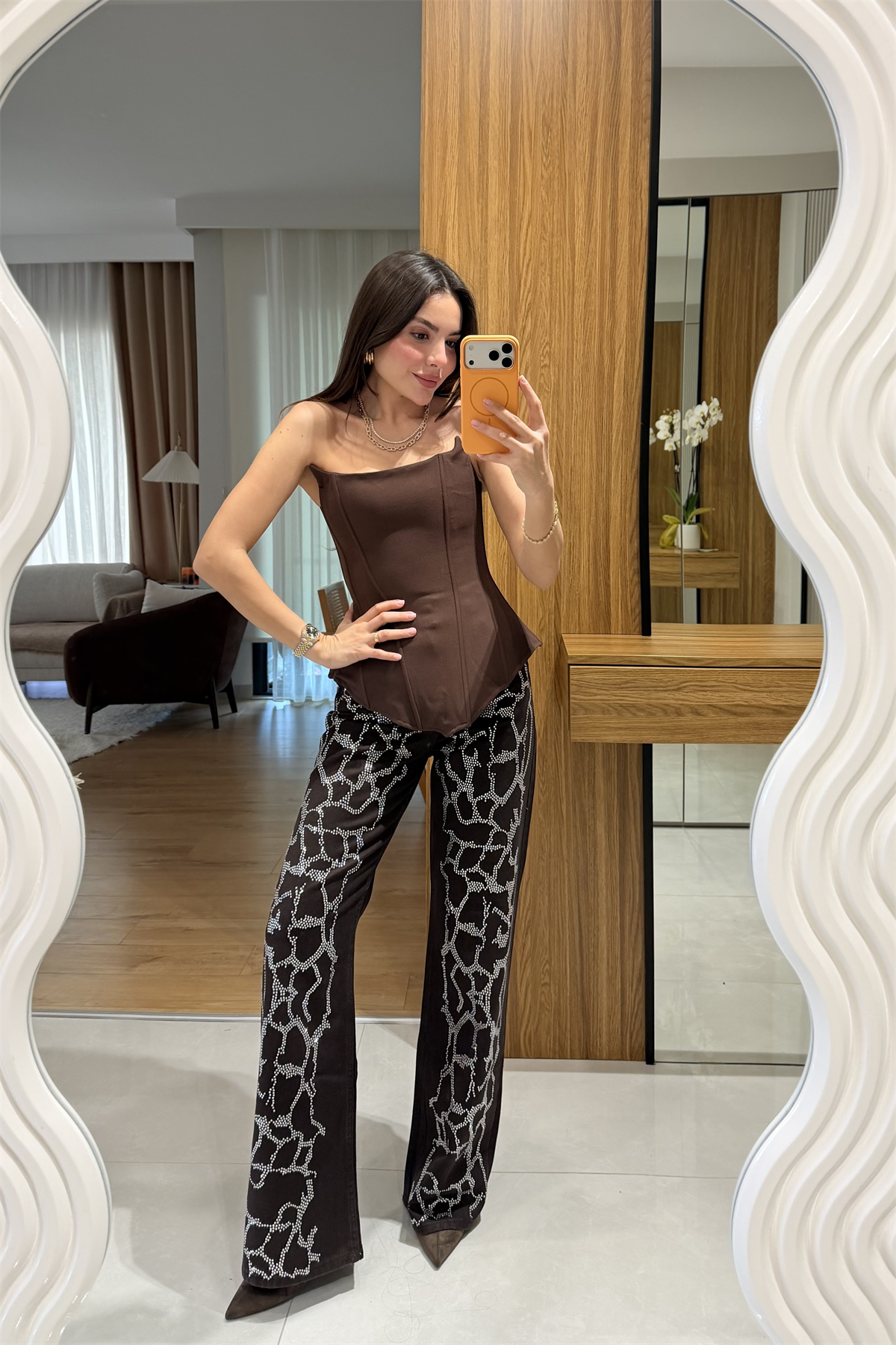 Daisy Kahve Taşlı Palazzo Jean 