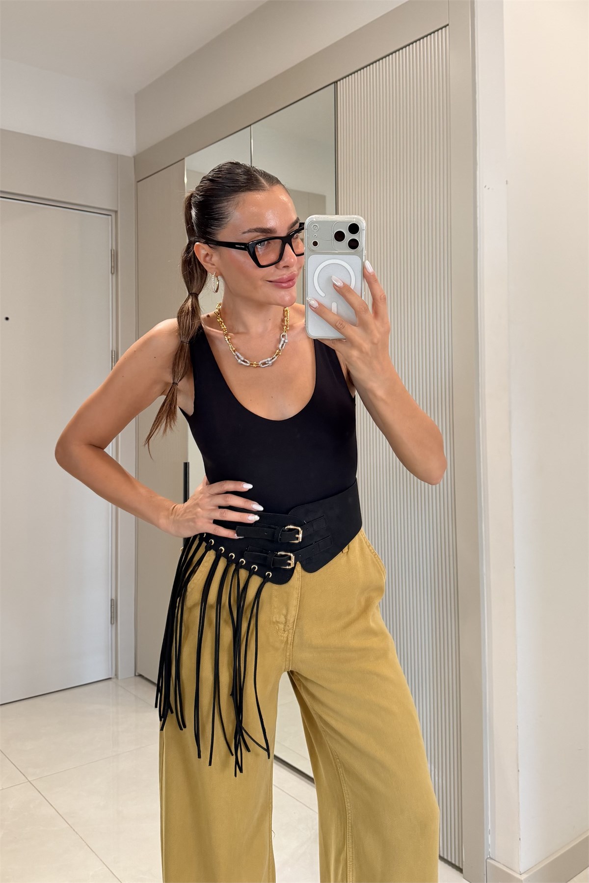 Damian Siyah Çift Tokalı Püskül Detaylı Korse Kemer