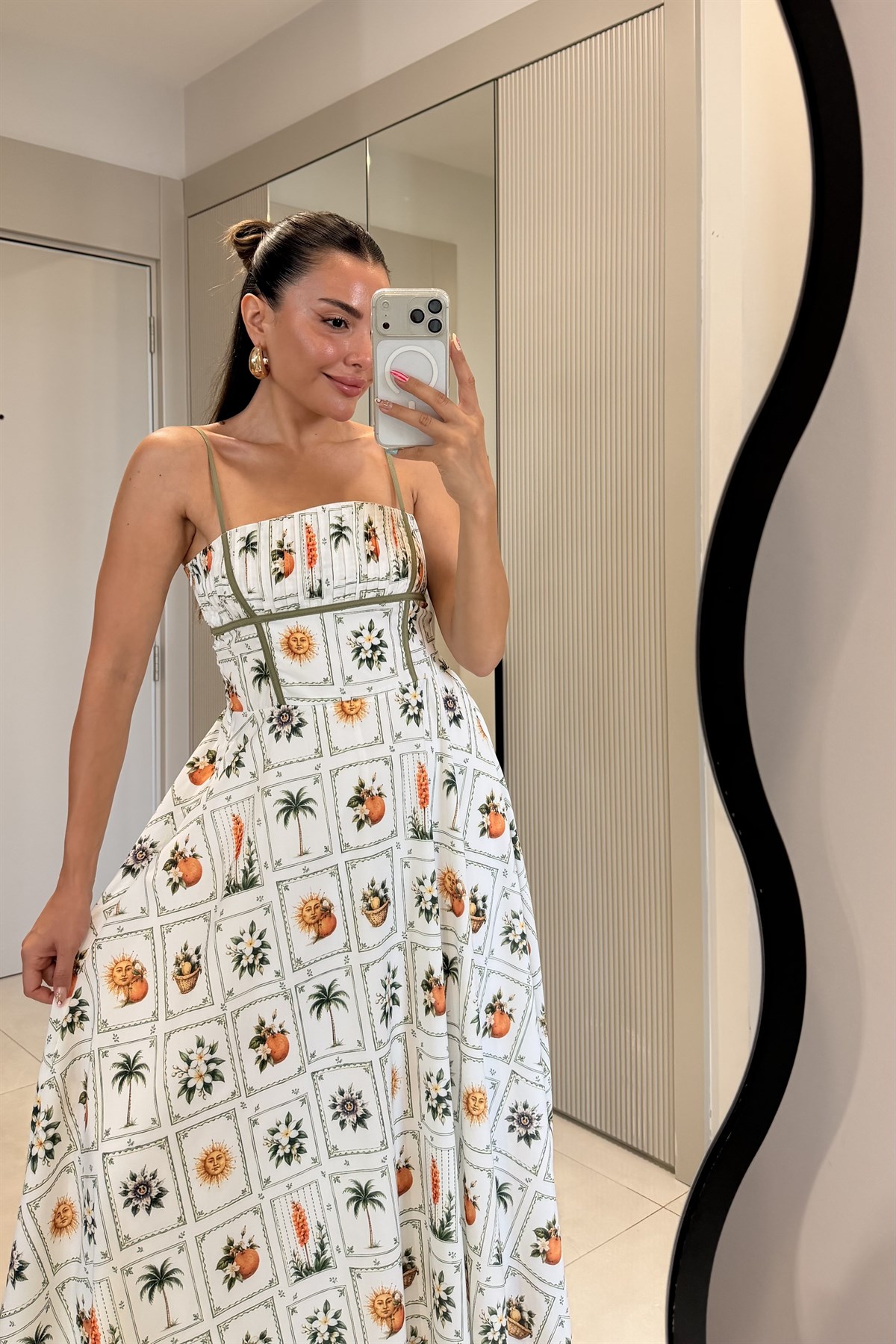 Palmier Desenli Kare Yaka Midi Elbise