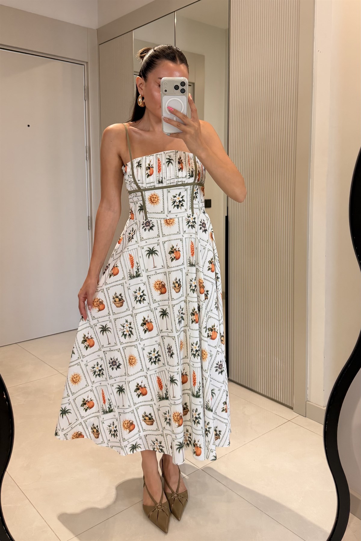 Palmier Desenli Kare Yaka Midi Elbise