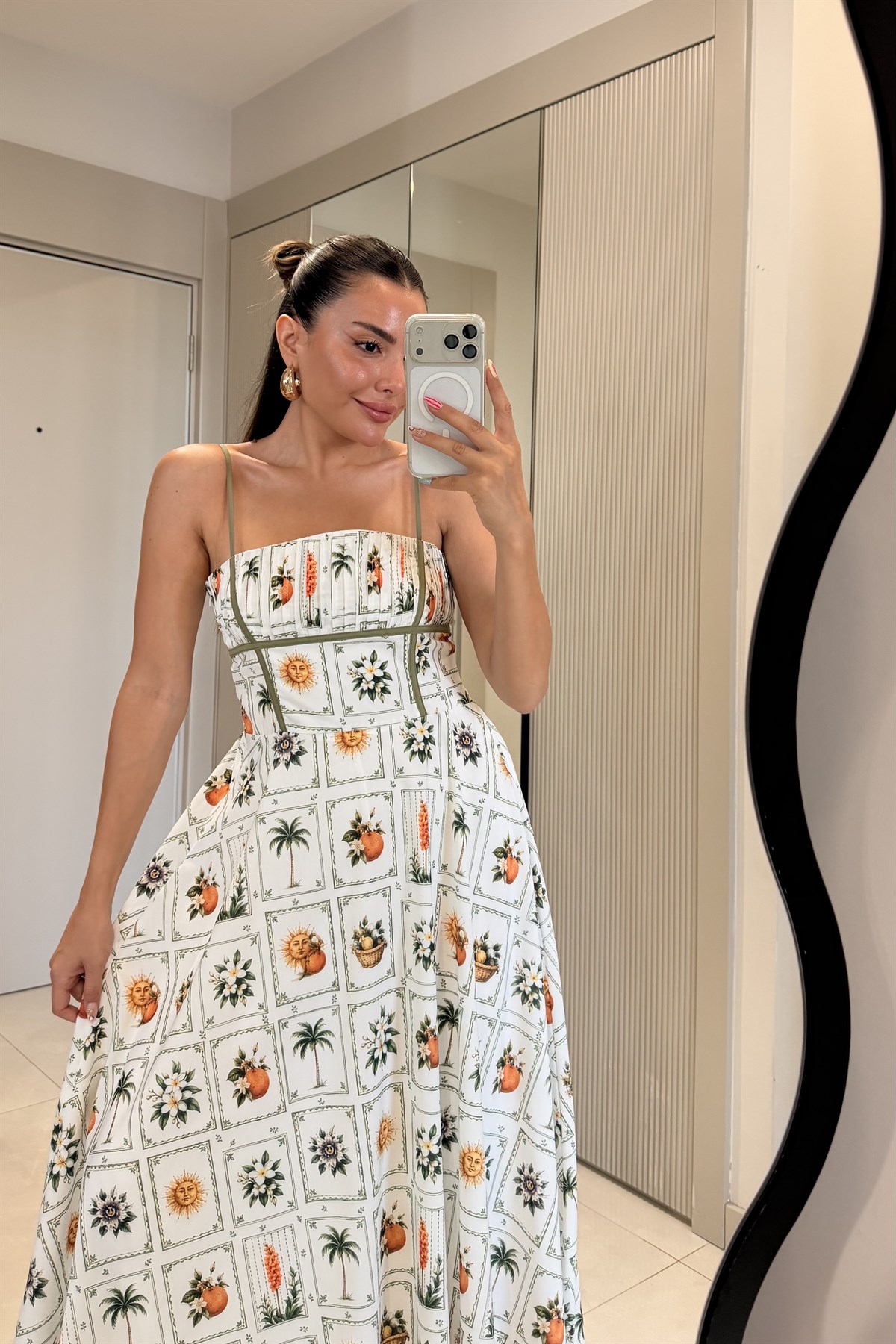 Palmier Desenli Kare Yaka Midi Elbise