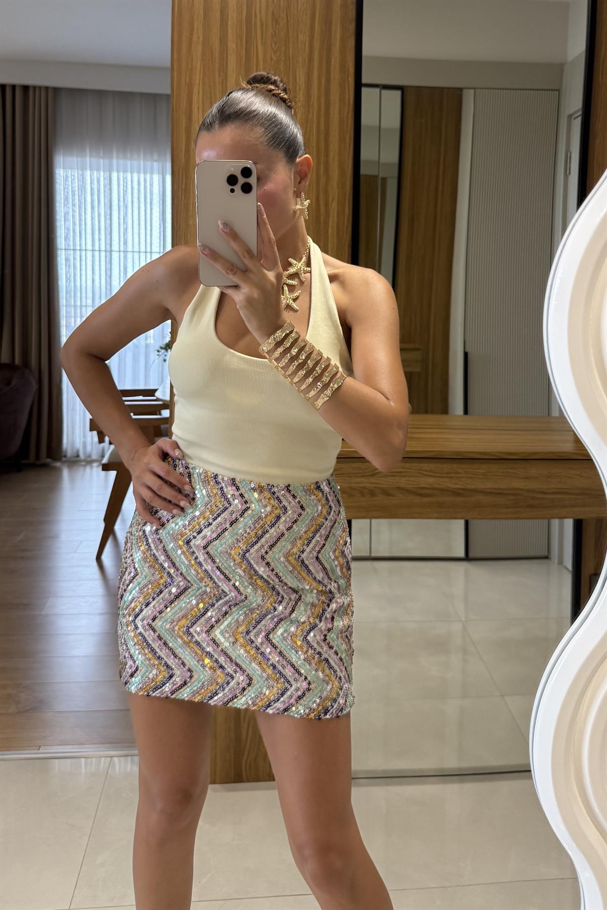 Dance Renkli Payetli Mini Etek
