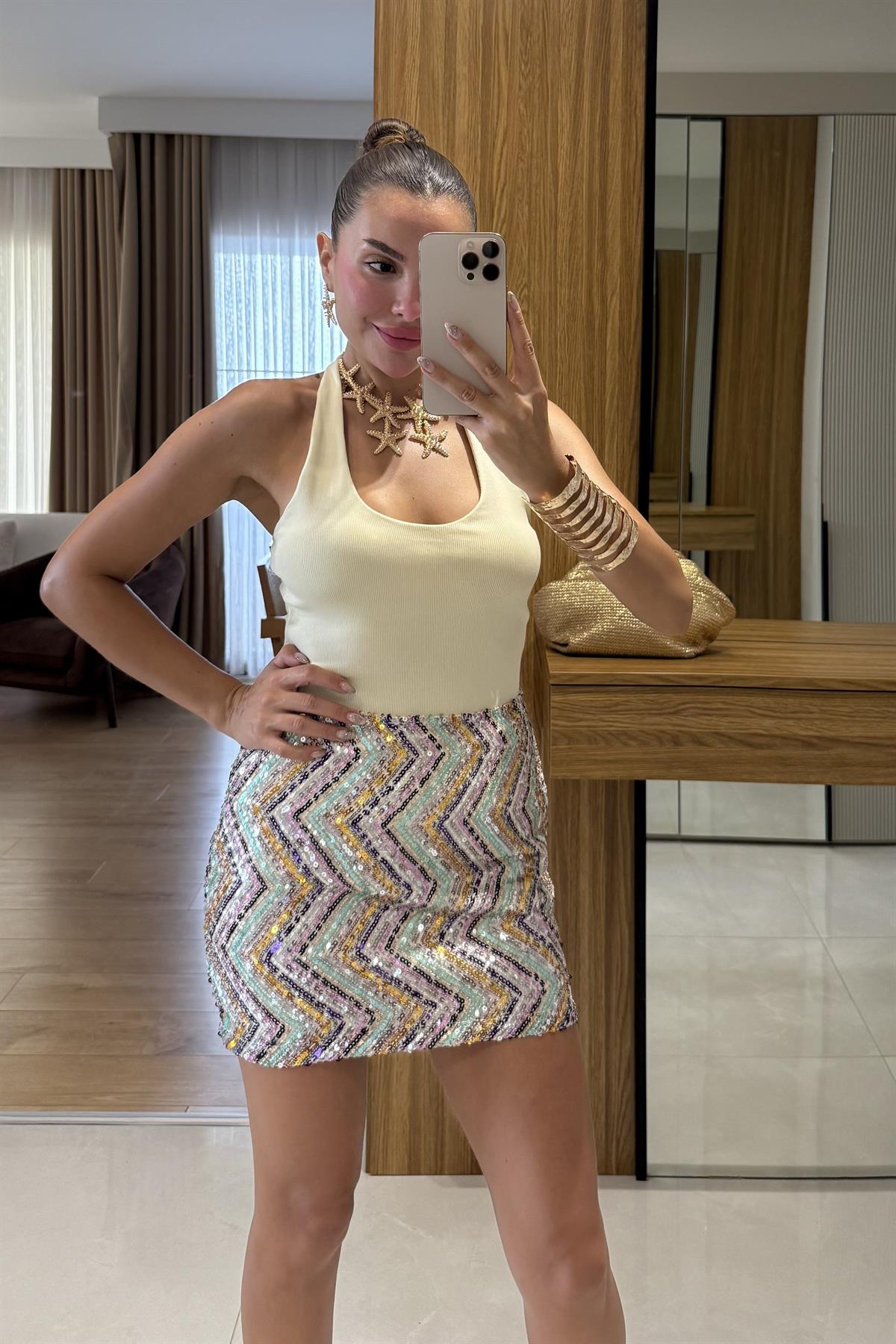 Dance Renkli Payetli Mini Etek