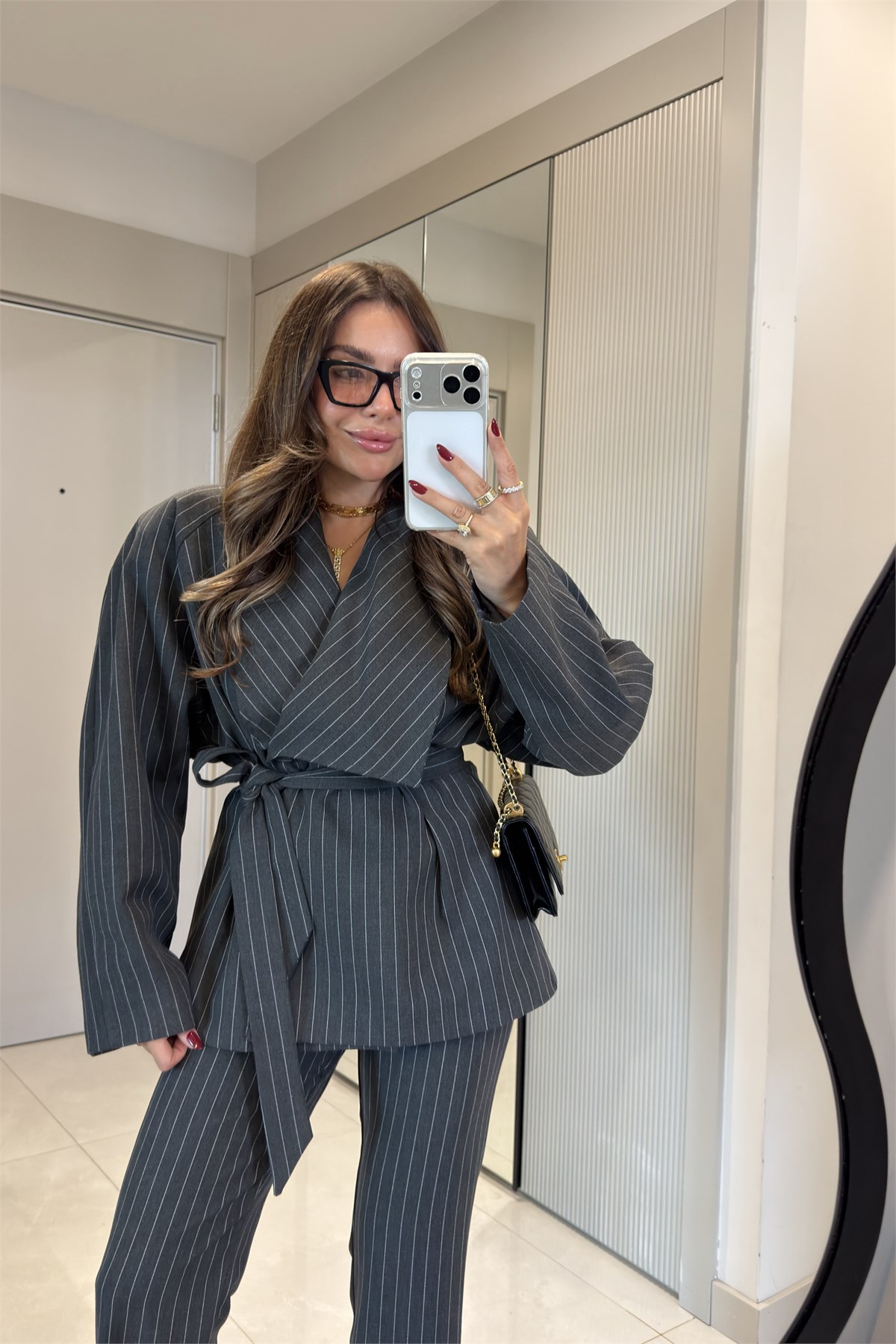 Darius Antrasit Kuşaklı Çizgili Blazer Pantolon Takım