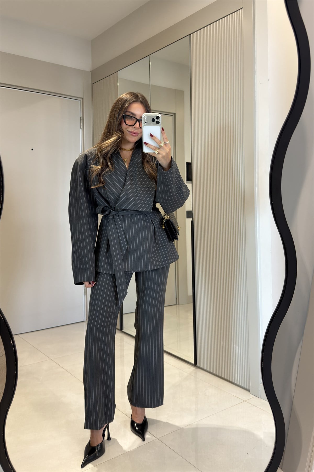 Darius Antrasit Kuşaklı Çizgili Blazer Pantolon Takım