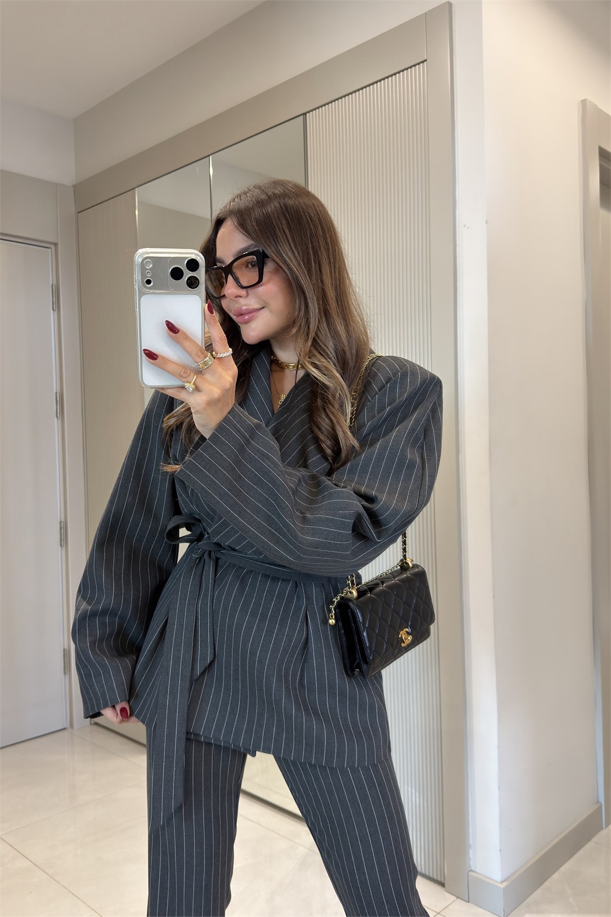 Darius Antrasit Kuşaklı Çizgili Blazer Pantolon Takım