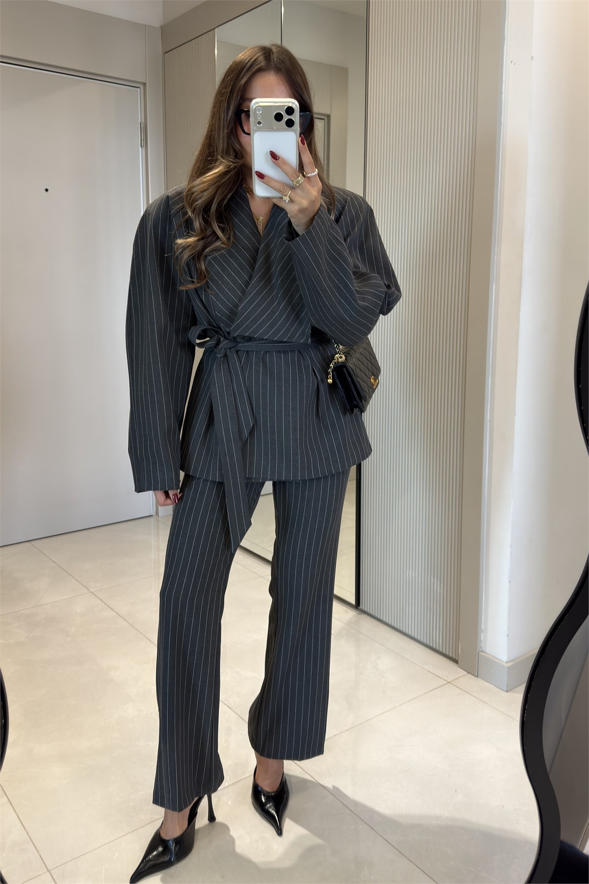 Darius Antrasit Kuşaklı Çizgili Blazer Pantolon Takım