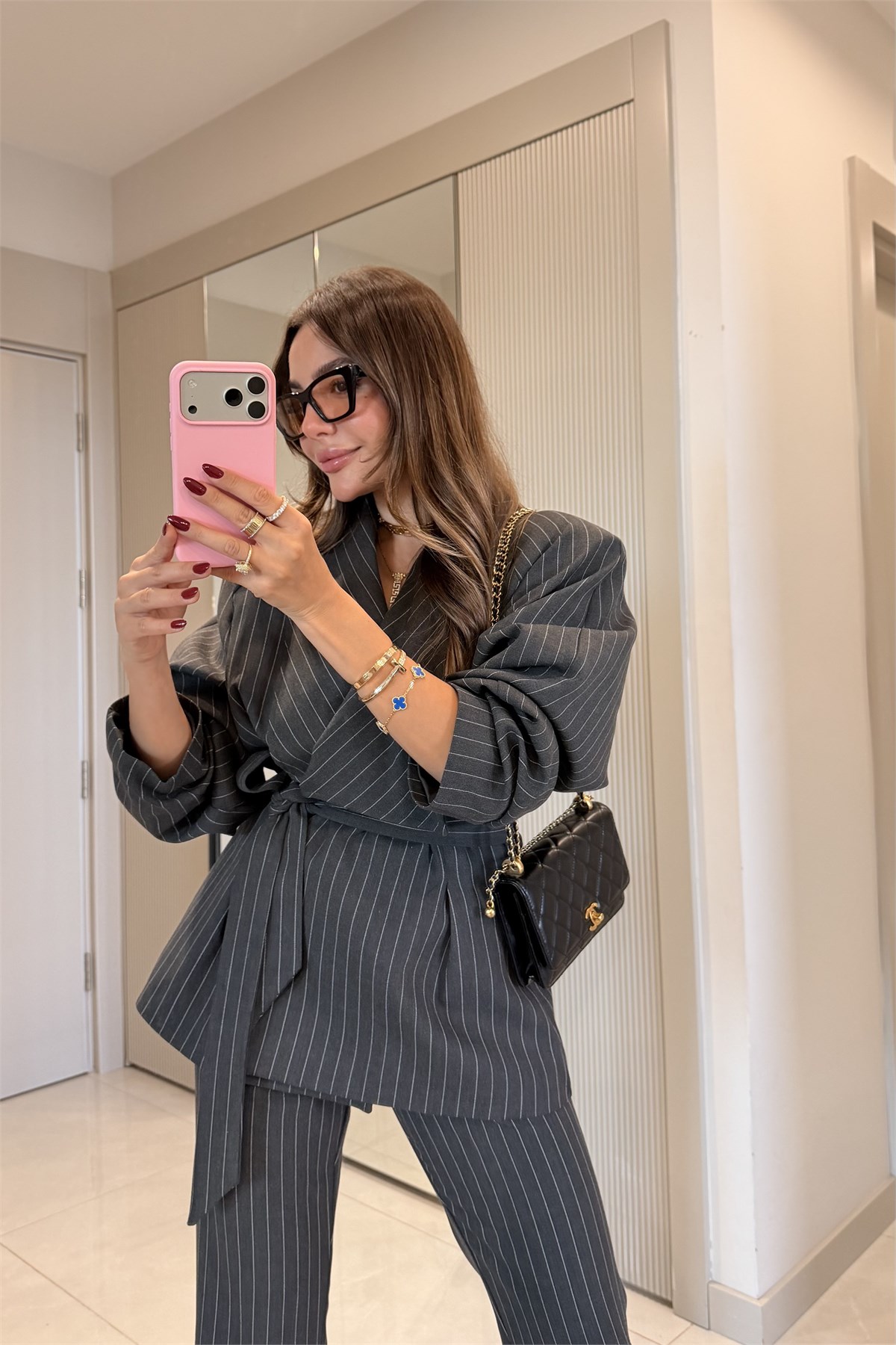 Darius Antrasit Kuşaklı Çizgili Blazer Pantolon Takım