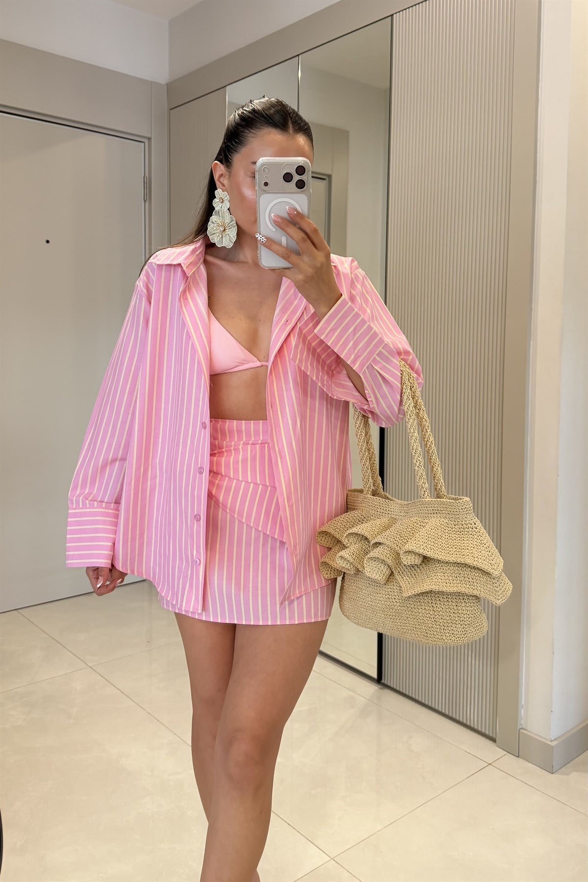 Davidof Pembe Poplin Etek Gömlek Takım