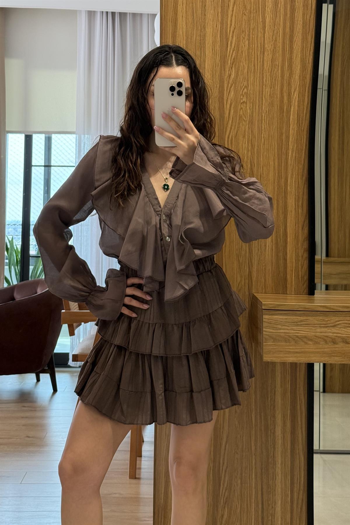 Dealer Kahve Fırfırlı Transparan Gömlek