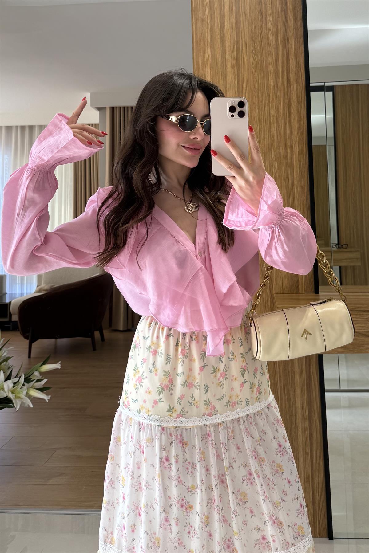 Dealer Pembe Fırfırlı Transparan Gömlek