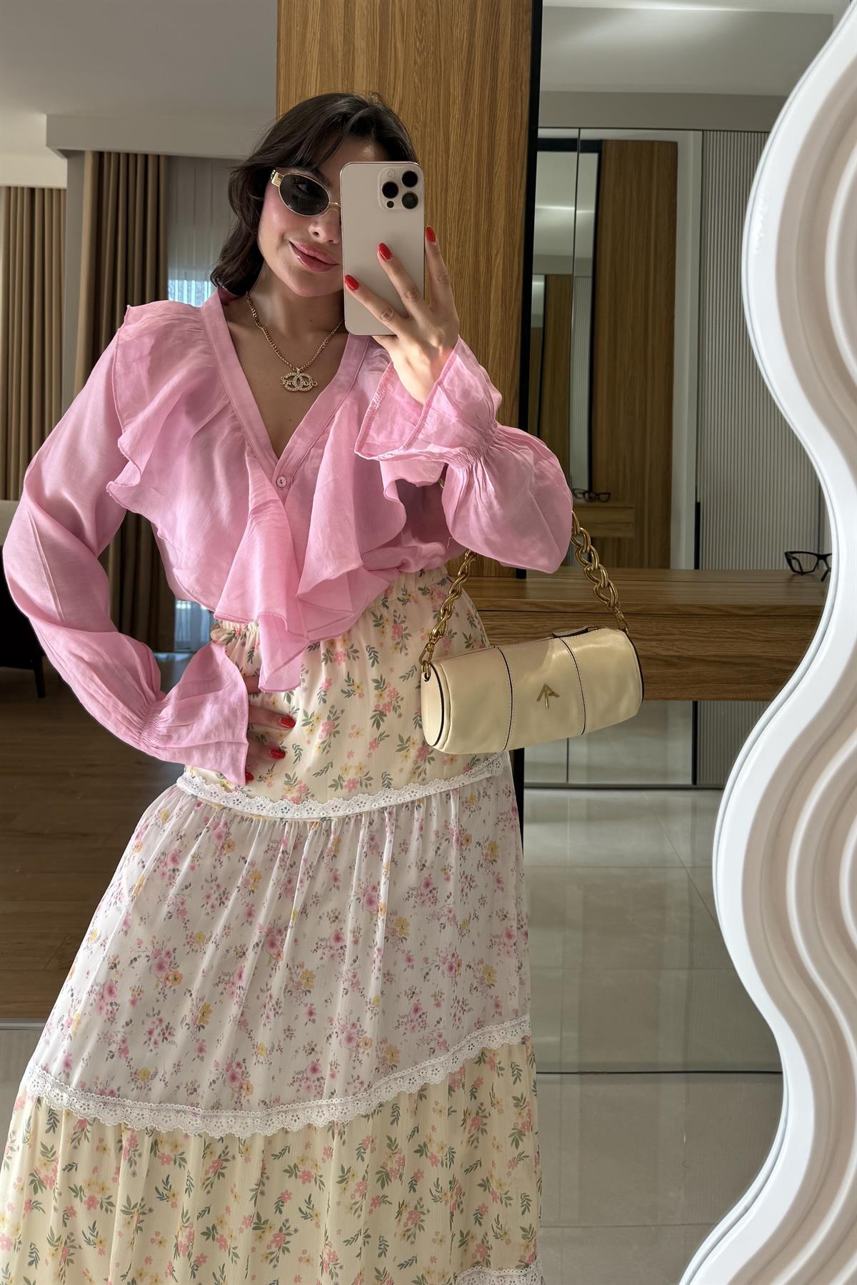 Dealer Pembe Fırfırlı Transparan Gömlek