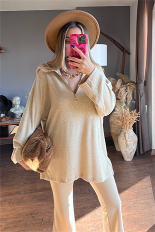 Degre polo yaka fitilli krem triko