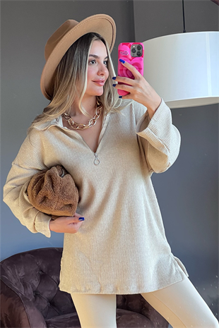 Degre polo yaka fitilli krem triko