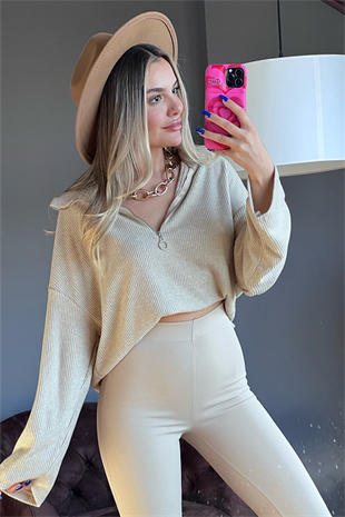 Degre polo yaka fitilli krem triko