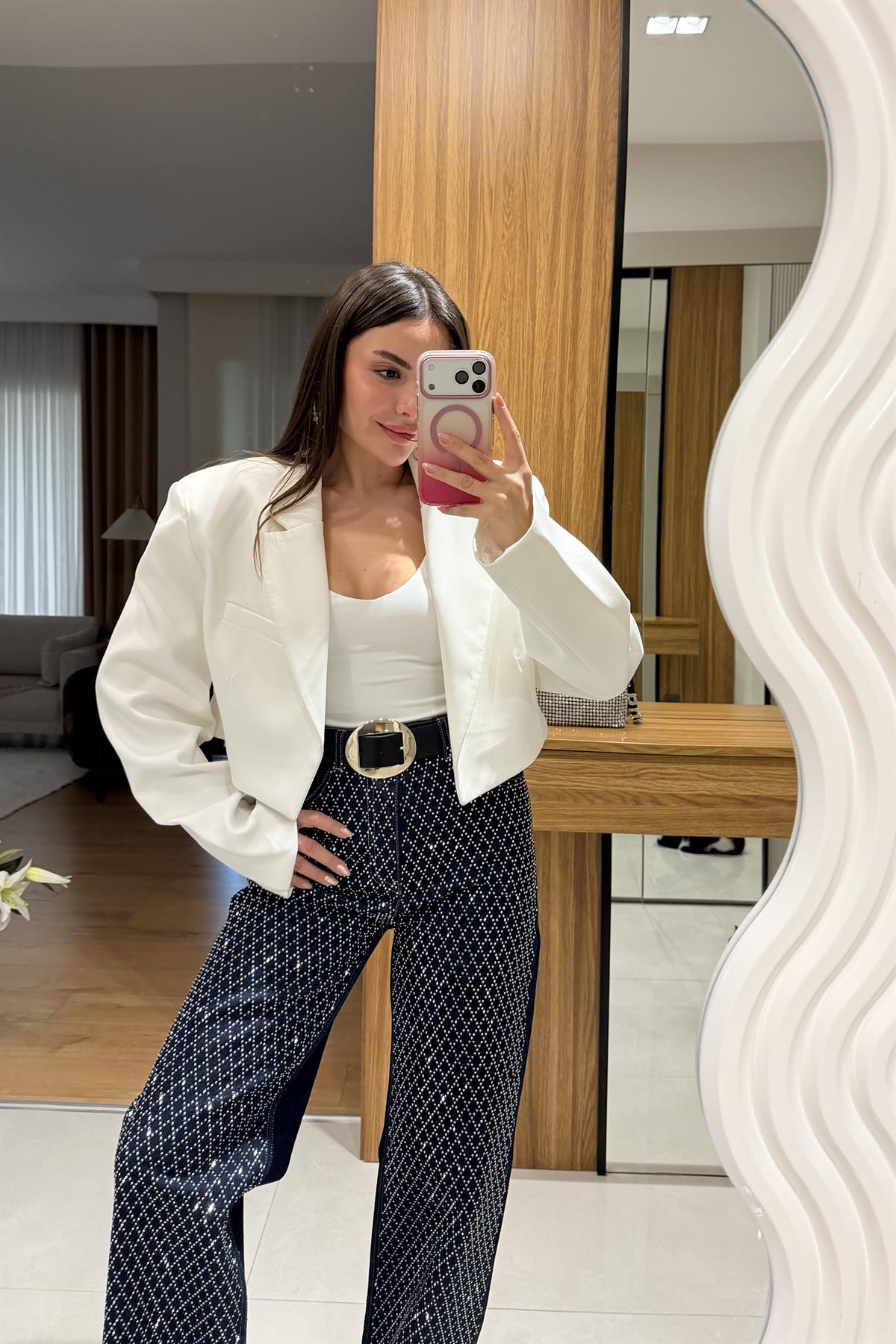 Denhaag Beyaz Premium Vatkalı Mini Ceket